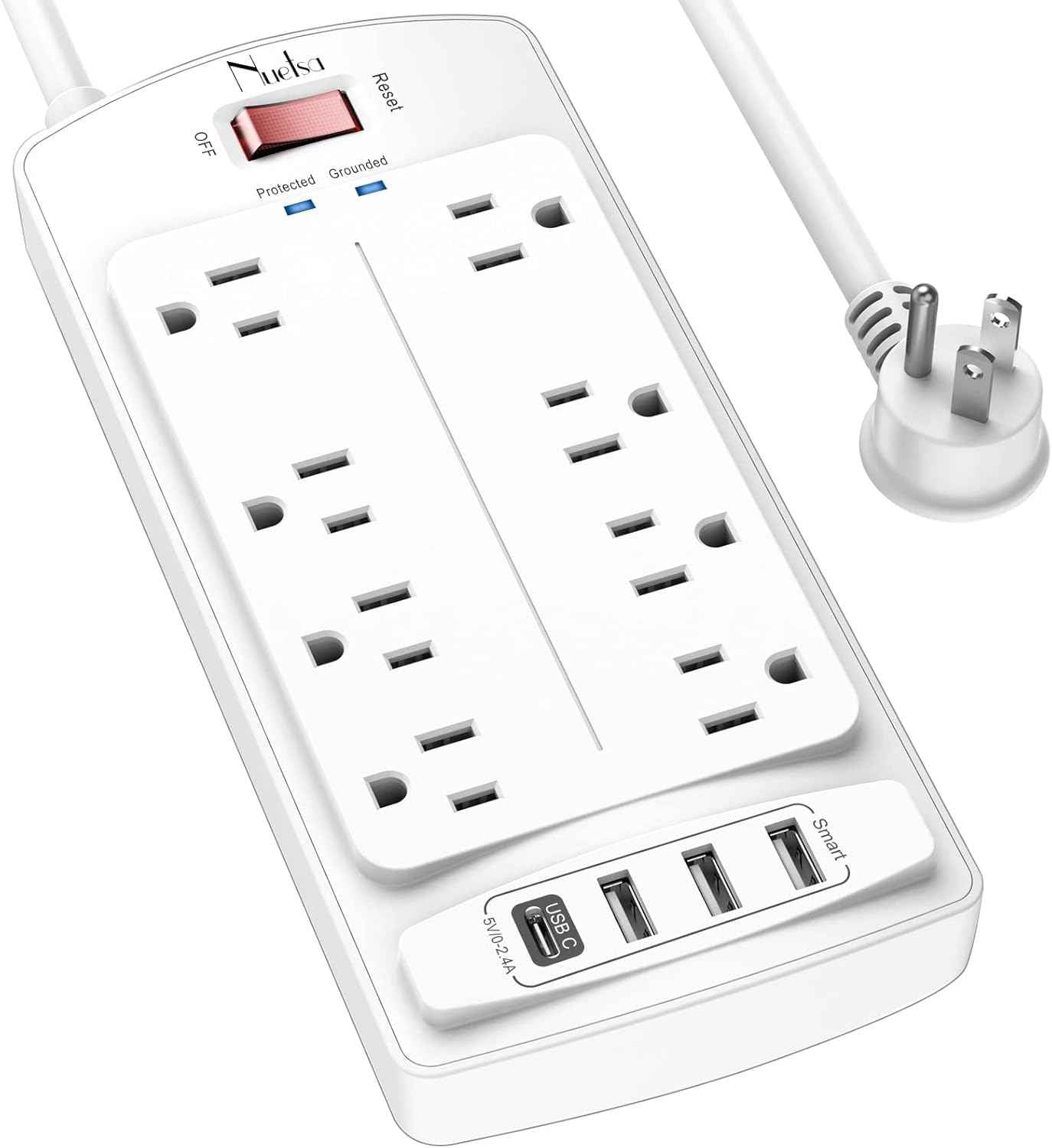 Surge Protector Power Strip - Nuetsa Flat Plug Extension Cord with 8 Outlets and 4 USB Ports, 6 Feet Power Cord (1625W/13A), 2700 Joules, ETL Listed, Black