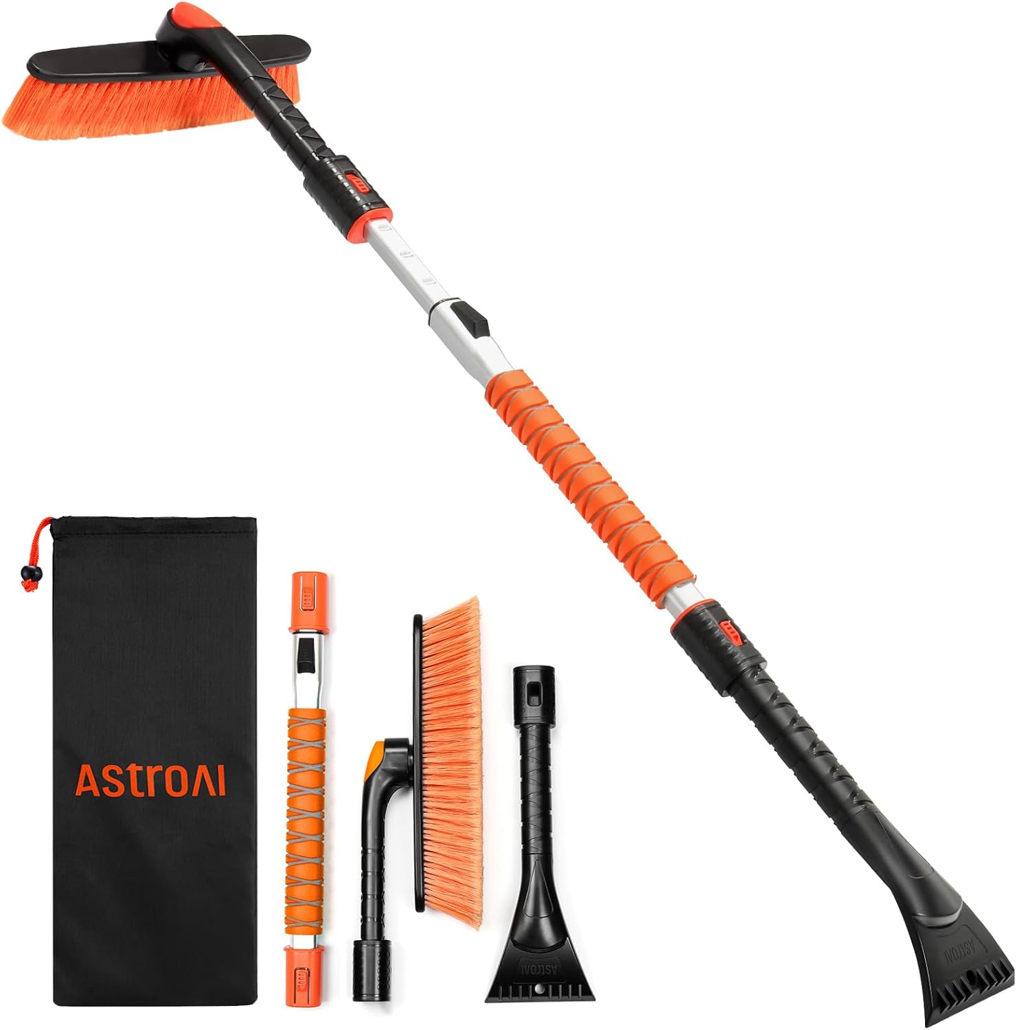 astroai 47.2 inch ice scraper with extendable snow brush and 360° pivoting head for cars and trucks (orange)
