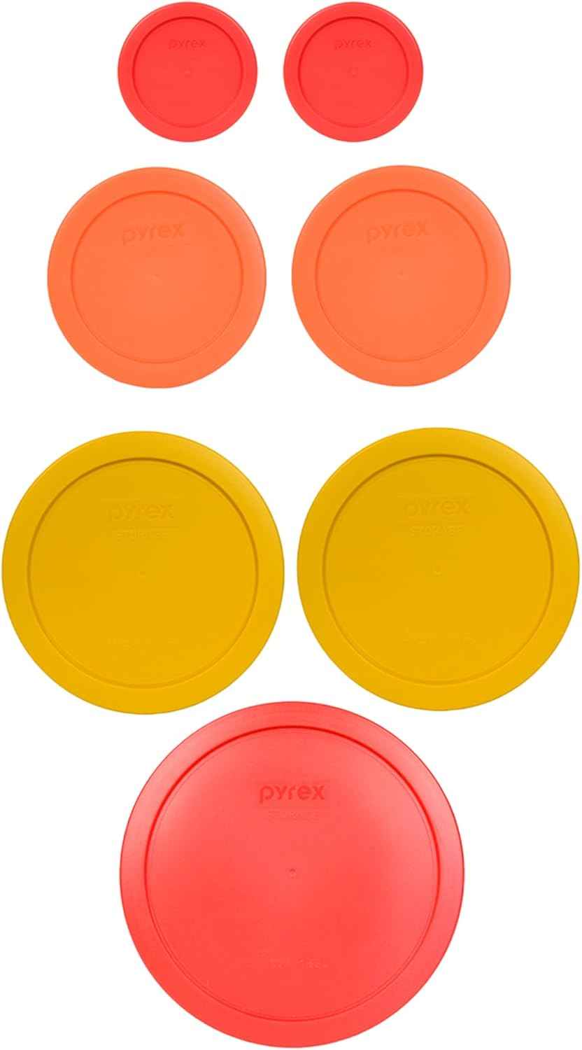 Pyrex (2) 7202-PC Green, (2) 7200-PC Orange, (2) 7201-PC Cobalt Blue, (1) 7402-PC Red Food Storage Lids - Made in USA