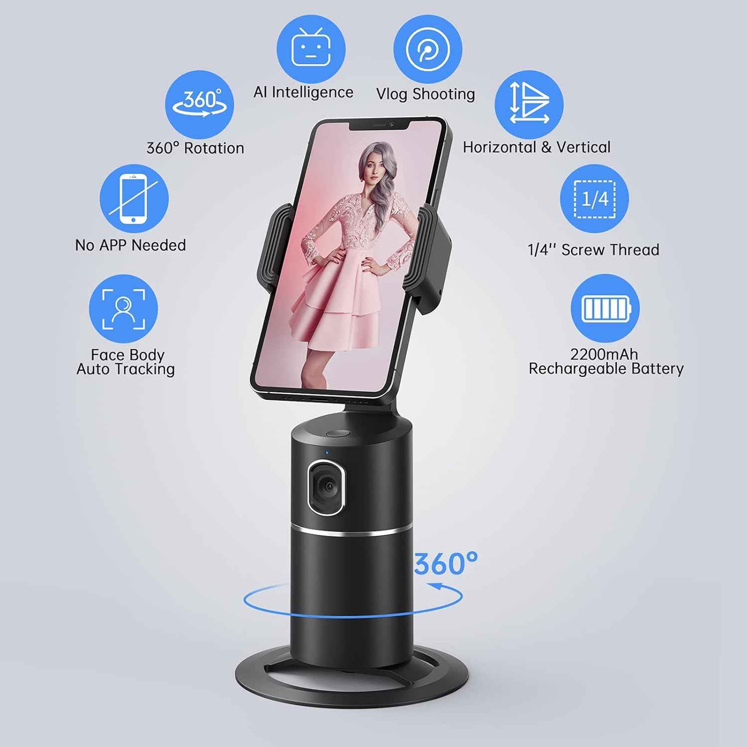 camrola Auto Face Tracking Phone Holder, No App Required, 360° Rotation Face Body Phone Tracking Tripod Smart Shooting Camera Mount for Live Vlog Streaming Video, Rechargeable Battery-Black