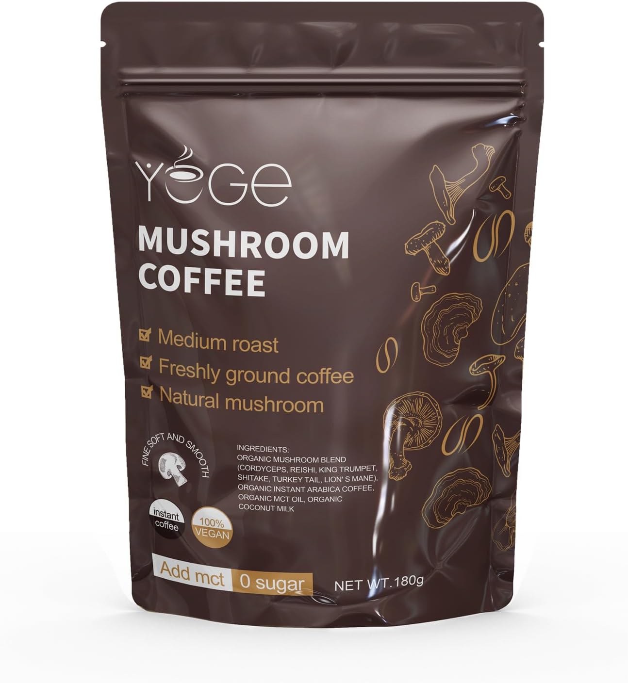 Instant mushroom coffee with cordyceps, reishi, and arabica beans for energy and immune support (30 servings)