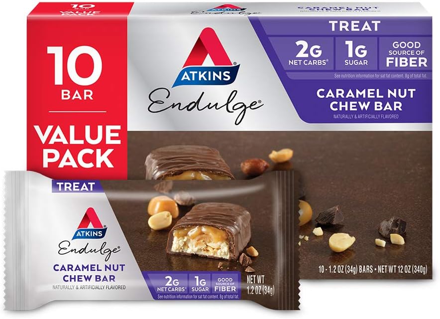 atkins endulge caramel nut chew bar low sugar snack dessert bar 10 count