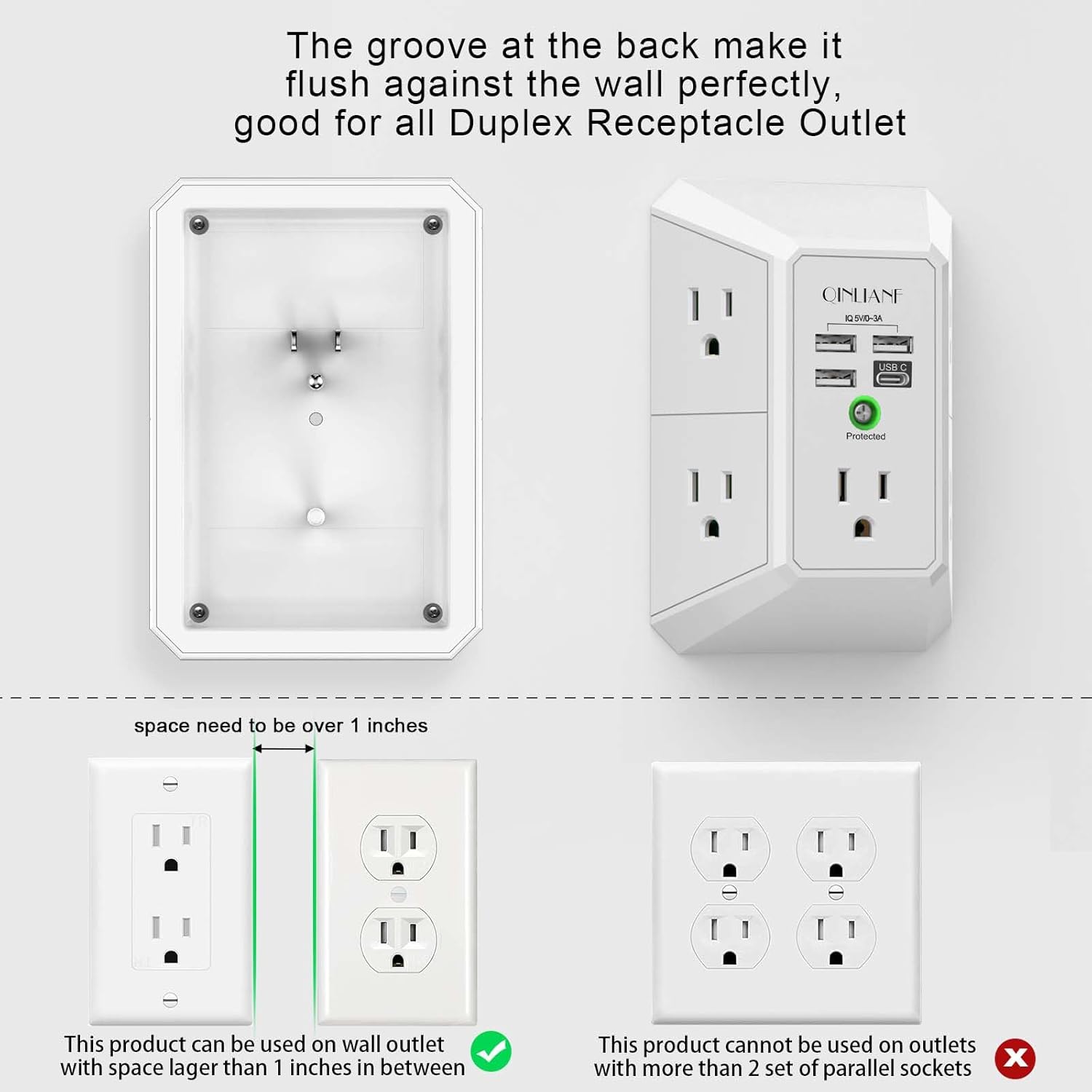 Wall Charger, Surge Protector, QINLIANF 5 Outlet Extender with 4 USB Charging Ports, 3-Sided 1680J Power Strip Multi Plug Adapter Spaced for Home Travel Office