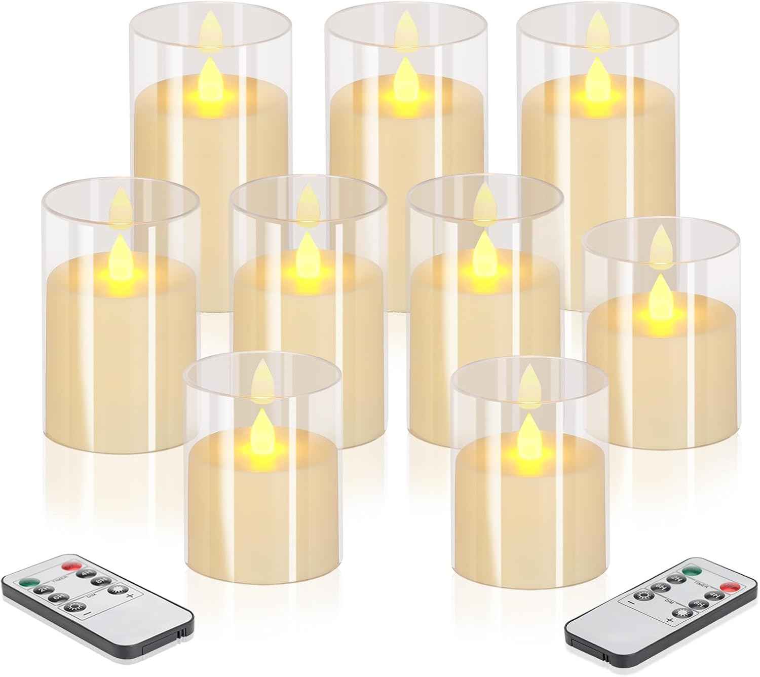 Flameless Candles 4" 5" 6" Set of 3 Acrylic Glass Pillars 3" Diameter Battery Operated Flickering Candles Include 10-Key Remote with Timer Function 400+ Hours (Gray, Warm Light 3 Pack)