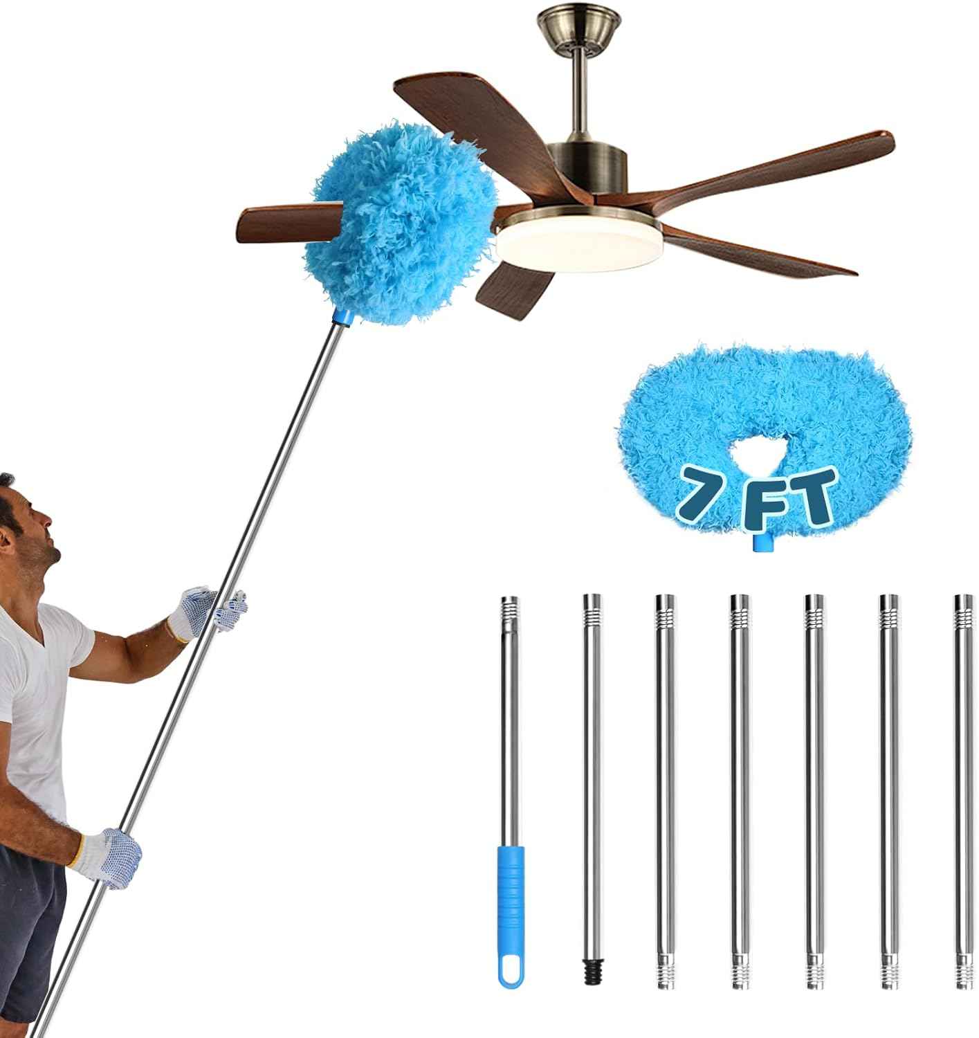 Storystore Ceiling Fan Cleaner Duster with Extension Pole, Adjustable from 13 to 49.7 Inches, Removable Fan Blade Cleaner (Blue)