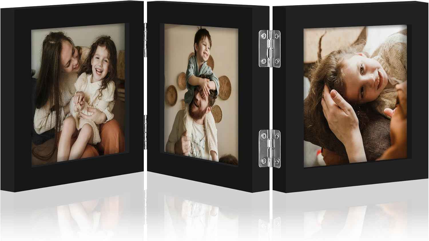 decorUhome Triple 4x6 Picture Frame Vertical, Engineered Wood Trifold Photo Frame with Plexiglass for Tabletop Display, 4x6, Black