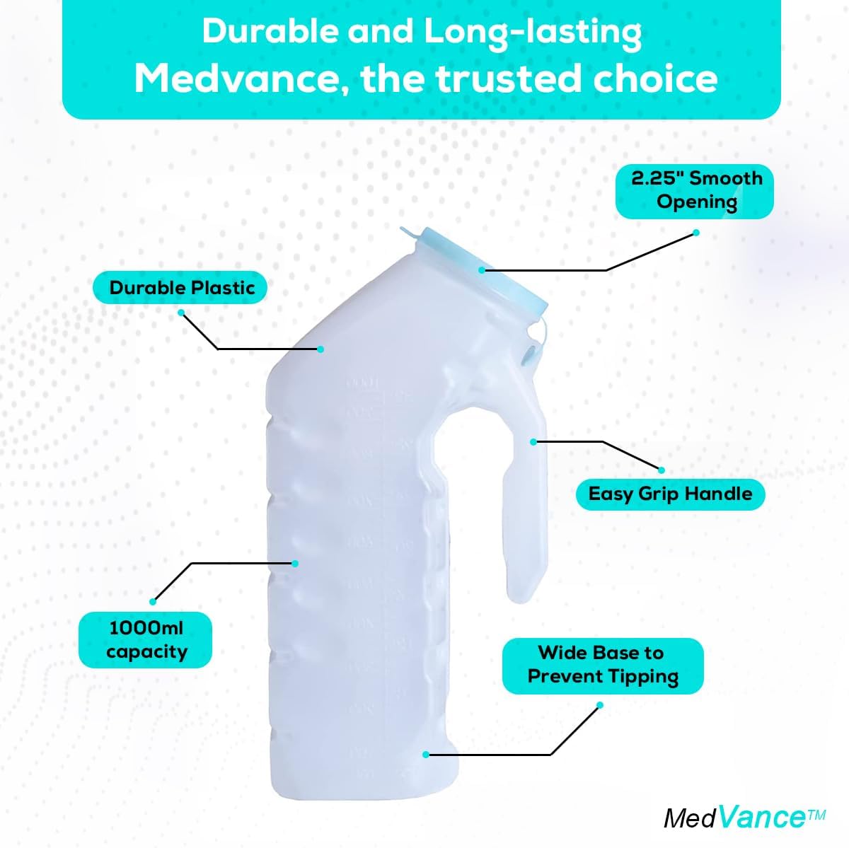 MedVance 1000ml spill-proof portable urinals for men, 2 pack with glow in dark and leak-proof lid