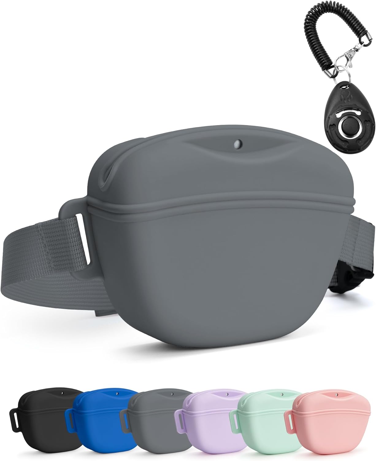 black dog treat pouch with training clicker, 1.67 cup silicone treat bag fanny pack, magnetic closure, waist belt for pet training walking