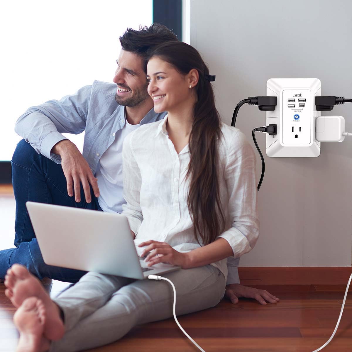 5 outlet wall extender with 4 USB charging ports, 3-sided surge protector, ETL listed, white