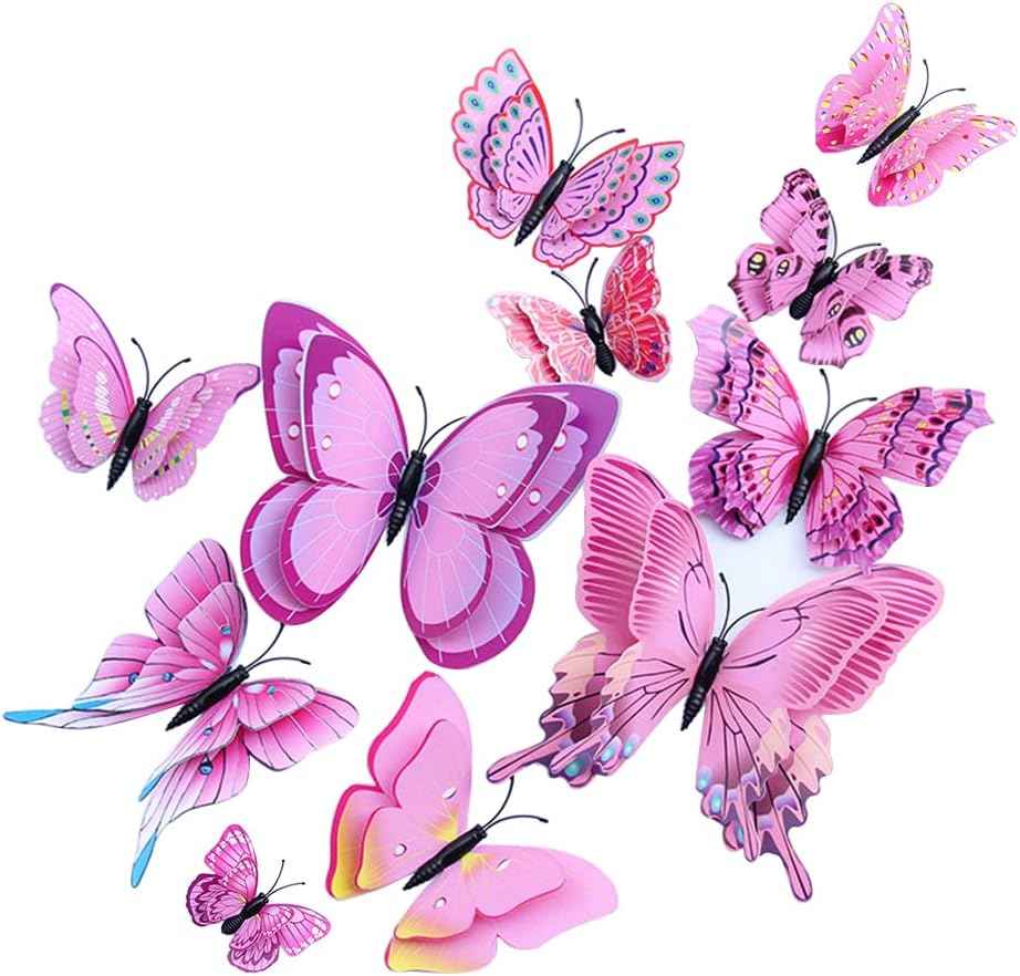 Butterflies Decoration, BOPART 24Pcs 3D Butterfly Decals Stickers for Party Decoration, Blue Butterflies Wall Decor Magnetic Butterfly for Crafts (12 Styles at 4 Sizes in Double Wings)