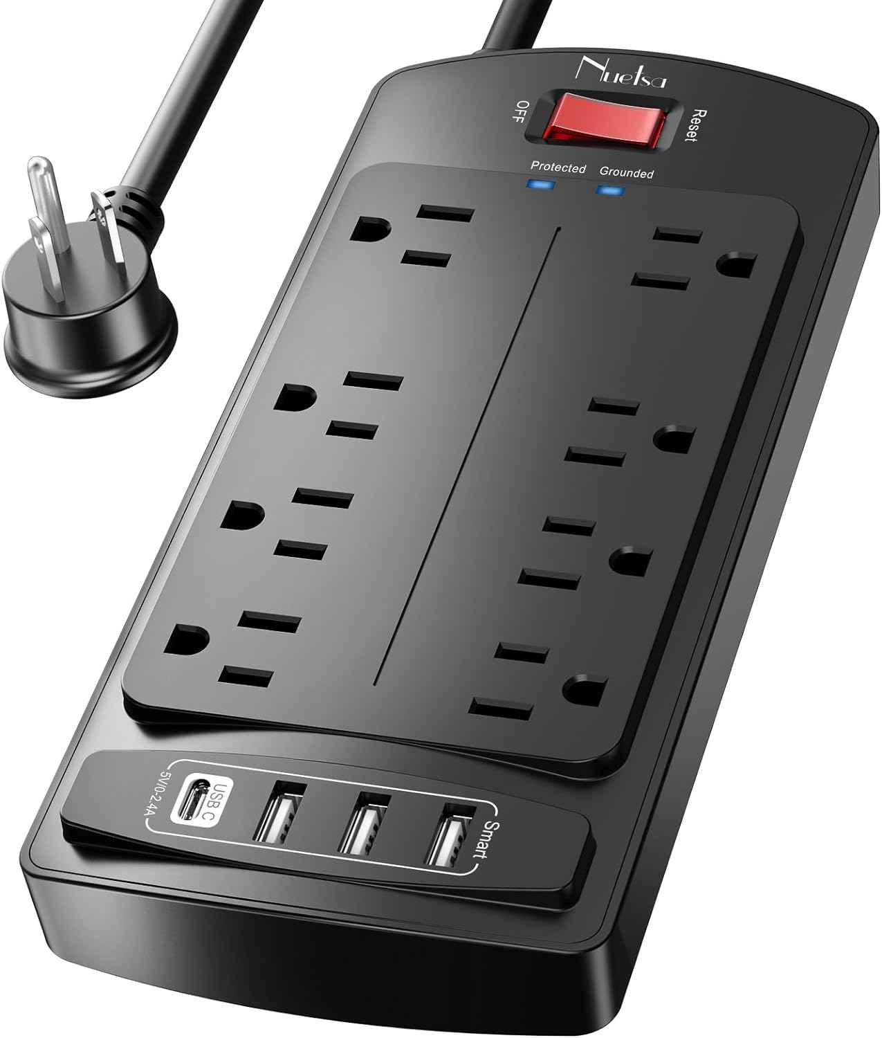 Surge Protector Power Strip - Nuetsa Flat Plug Extension Cord with 8 Outlets and 4 USB Ports, 6 Feet Power Cord (1625W/13A), 2700 Joules, ETL Listed, Black