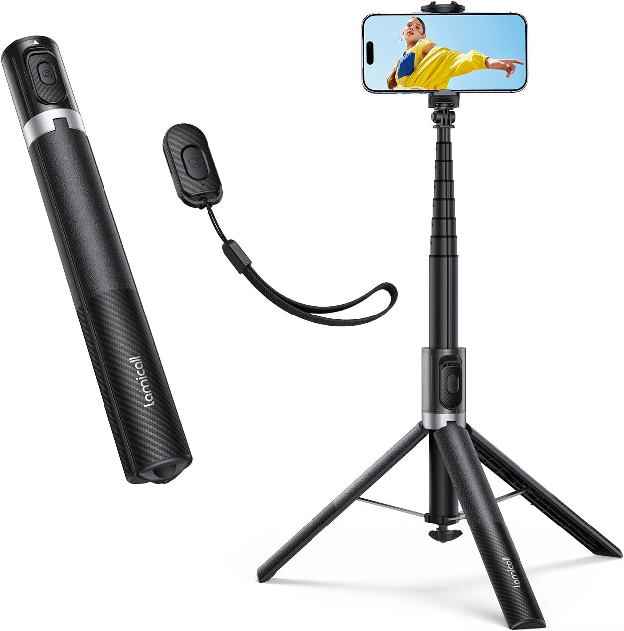 Lamicall 65" Phone Tripod & Selfie Stick - [Tap-to-Open] iPhone Tripod with Remote & Cold Shoe, Aluminum Phone Stand for Recording Compatible with iPhone for Video Record Live Vlog Mothers Day Black