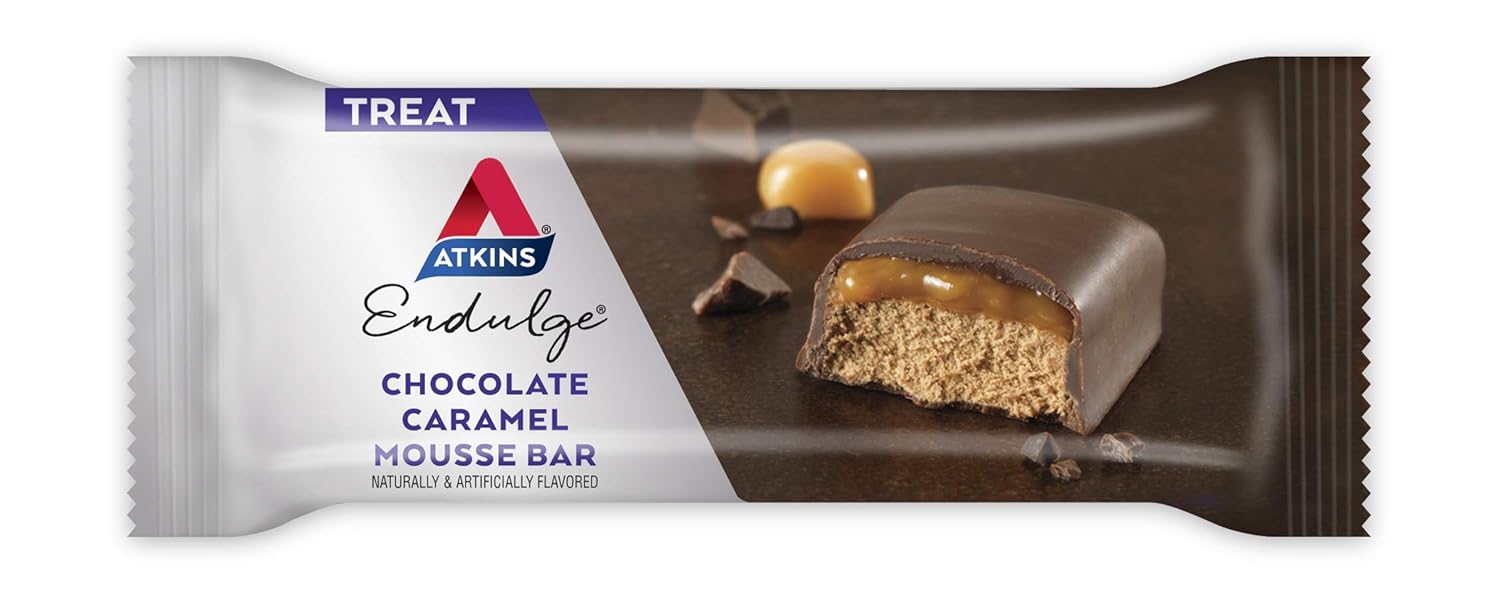 atkins endulge chocolate caramel mousse dessert bar, 5-count 1g sugar high in fiber