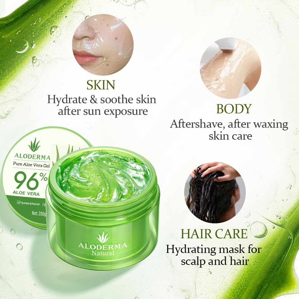 aloderma organic 96% aloe vera gel hydrating face body after-sun care 7oz