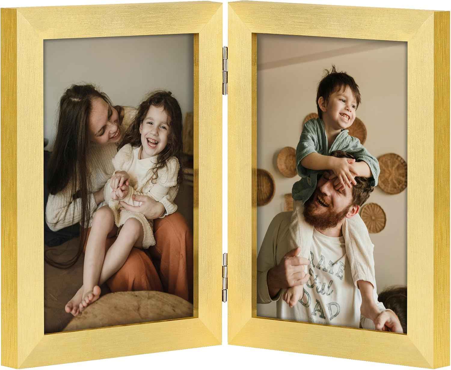 decorUhome Double 4x6 Picture Frame Vertical, Engineered Wood Bifold Photo Frame with Plexiglass for Tabletop Display, 4x6, Black