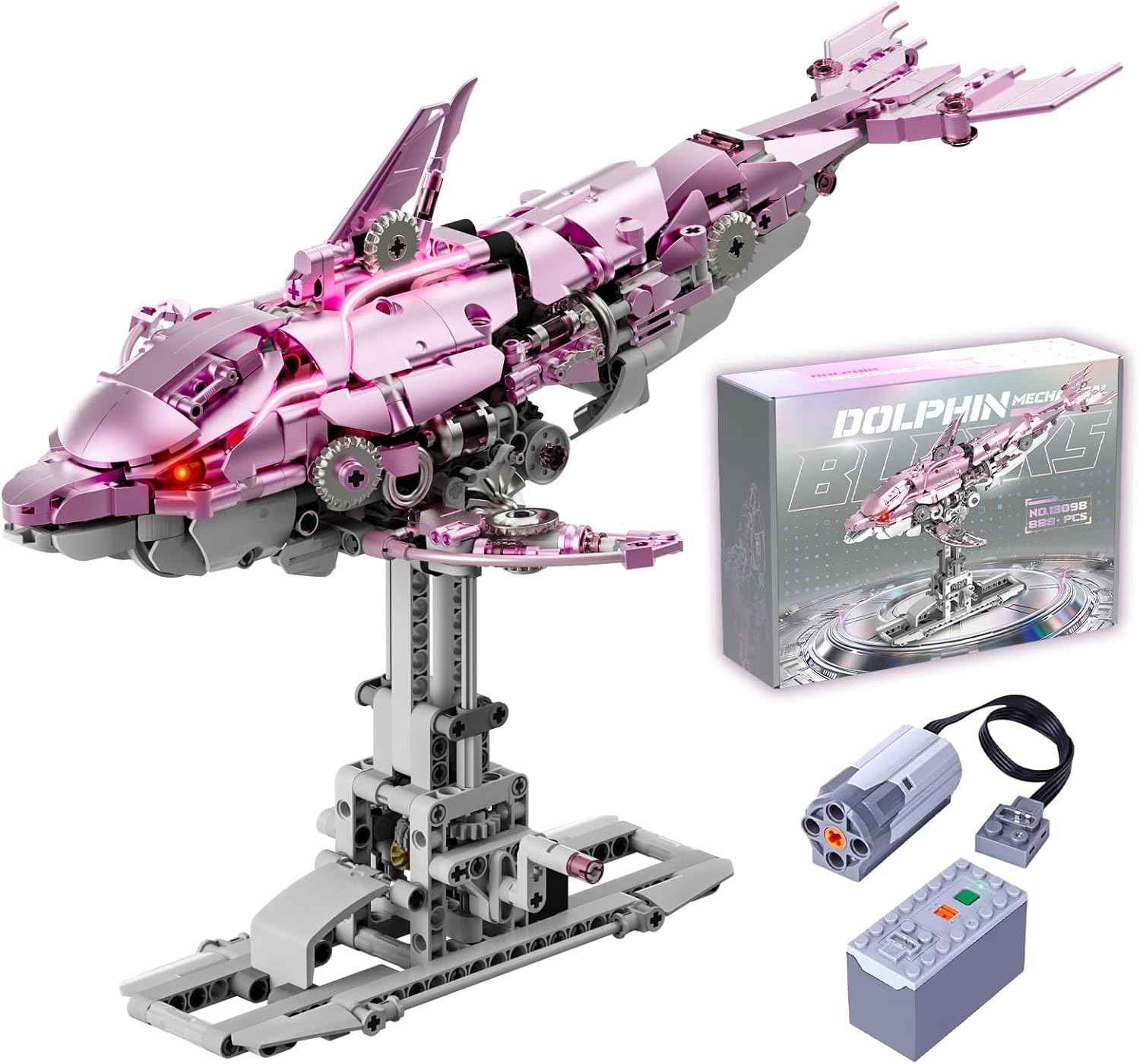 Myth Qholve Mechanical Blue Dolphin Building Blocks Set Hand-Operated Motion, Detailed Gear Design, Display & Play Model Futuristic Ocean Animal Model