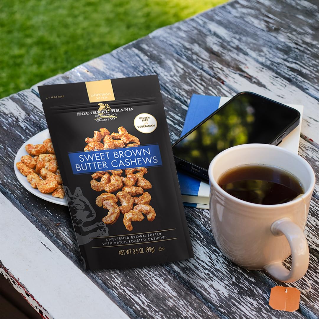 squirrel brand sweet brown butter cashews 3.5 ounces gluten free vegetarian resealable bag