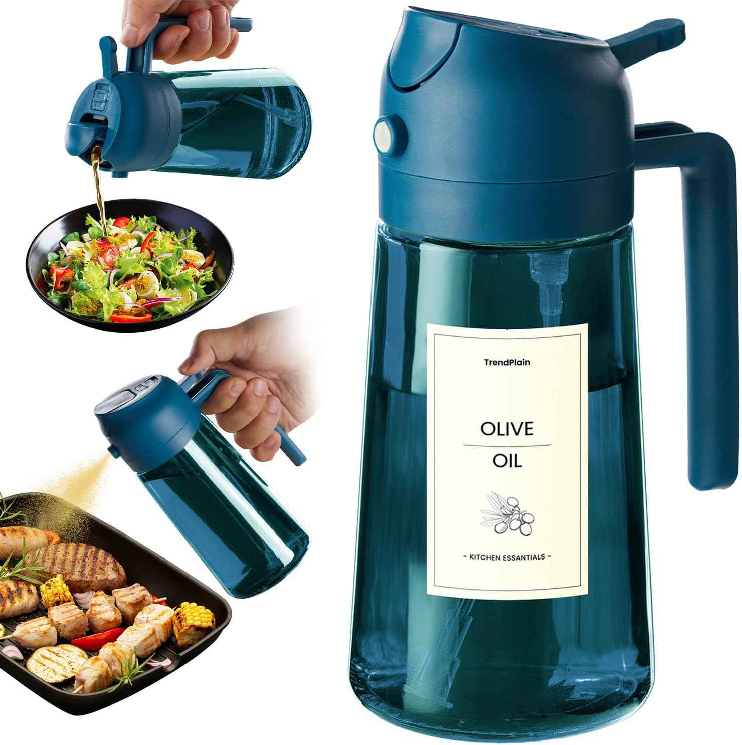 TrendPlain 16oz/470ml Blue Glass Olive Oil Sprayer for Cooking - 2 in 1 Olive Oil Dispenser for Kitchen Gadgets, Air Fryer, Salad, and BBQ - Navy