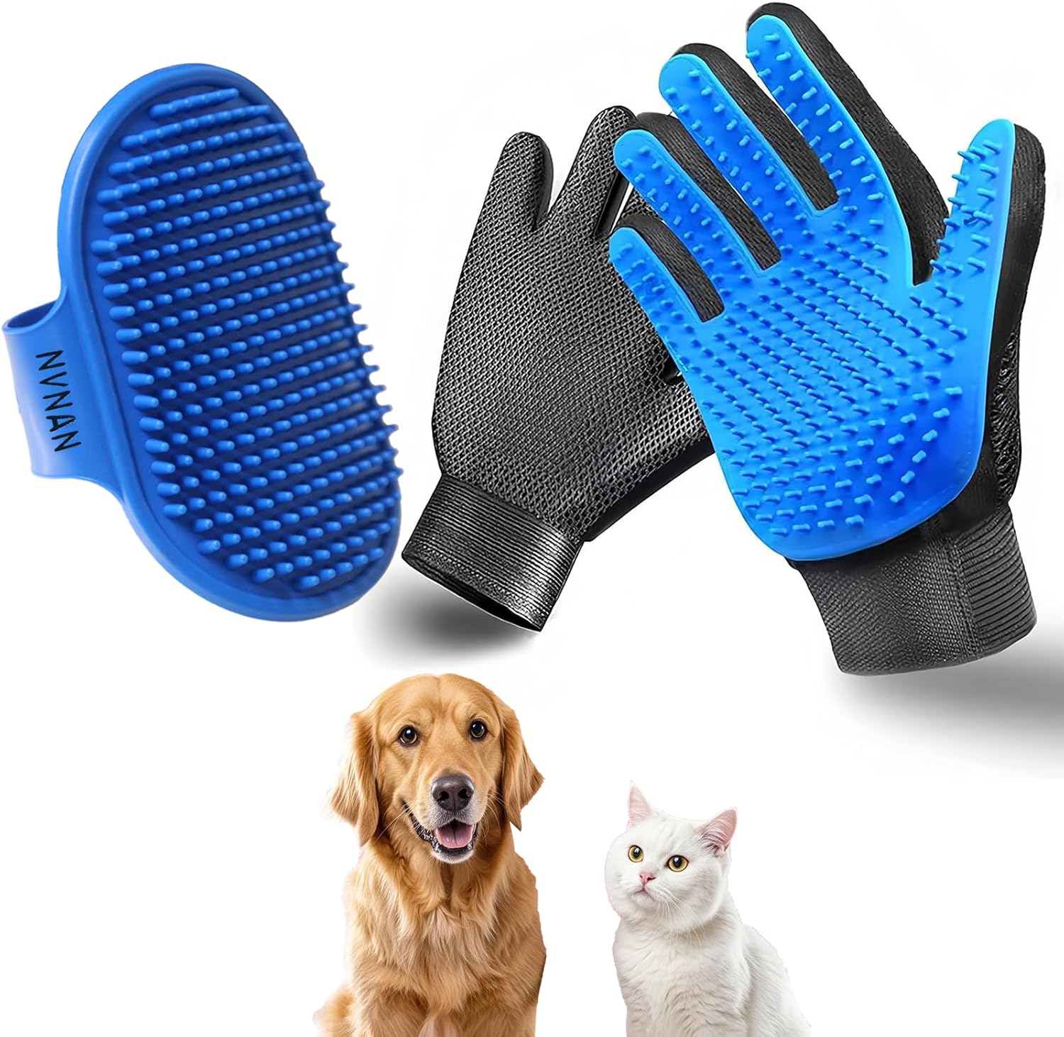 Pet Hair Removal Gloves for Dogs and Cats - 2-in-1 Deshedding Brush Massage Mitt for Shedding Control and Safe Pet Grooming 2-Pack (Blue)