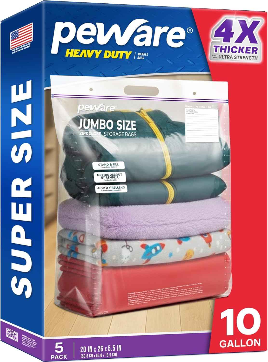 20 Gallon Heavy Duty Jumbo Storage Bags with Handle – 24" x 34" Resealable Zipper Top, Oversized Storage Solution for Clothes, Food, Pillow, Bedding, Household, BPA-Free, Pack of 5, 6 Mil Thick