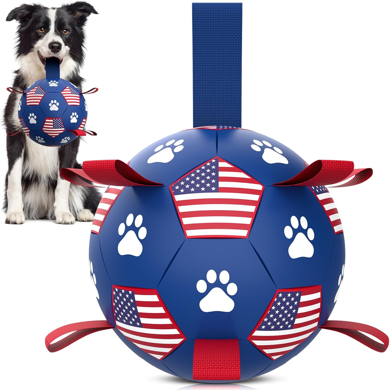 Qdan dog toys 6 inch world cup dog soccer ball with straps for small medium pet outdoor play