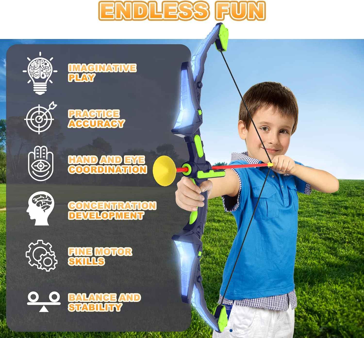 Kmuxilal 2 Pack Kids Bow and Arrow Set with LED Flash Lights, 14 Suction Cup Arrows and Fluorescence Standing Target-Perfect Indoor and Outdoor Game Archery Set Toy Gift for 4 5 6 7 8-12 Year Old Boys