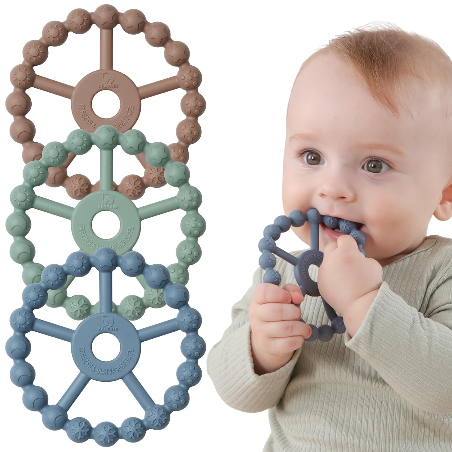silicone teether ring toys for babies 0-6 months, 3-pack purple pink white