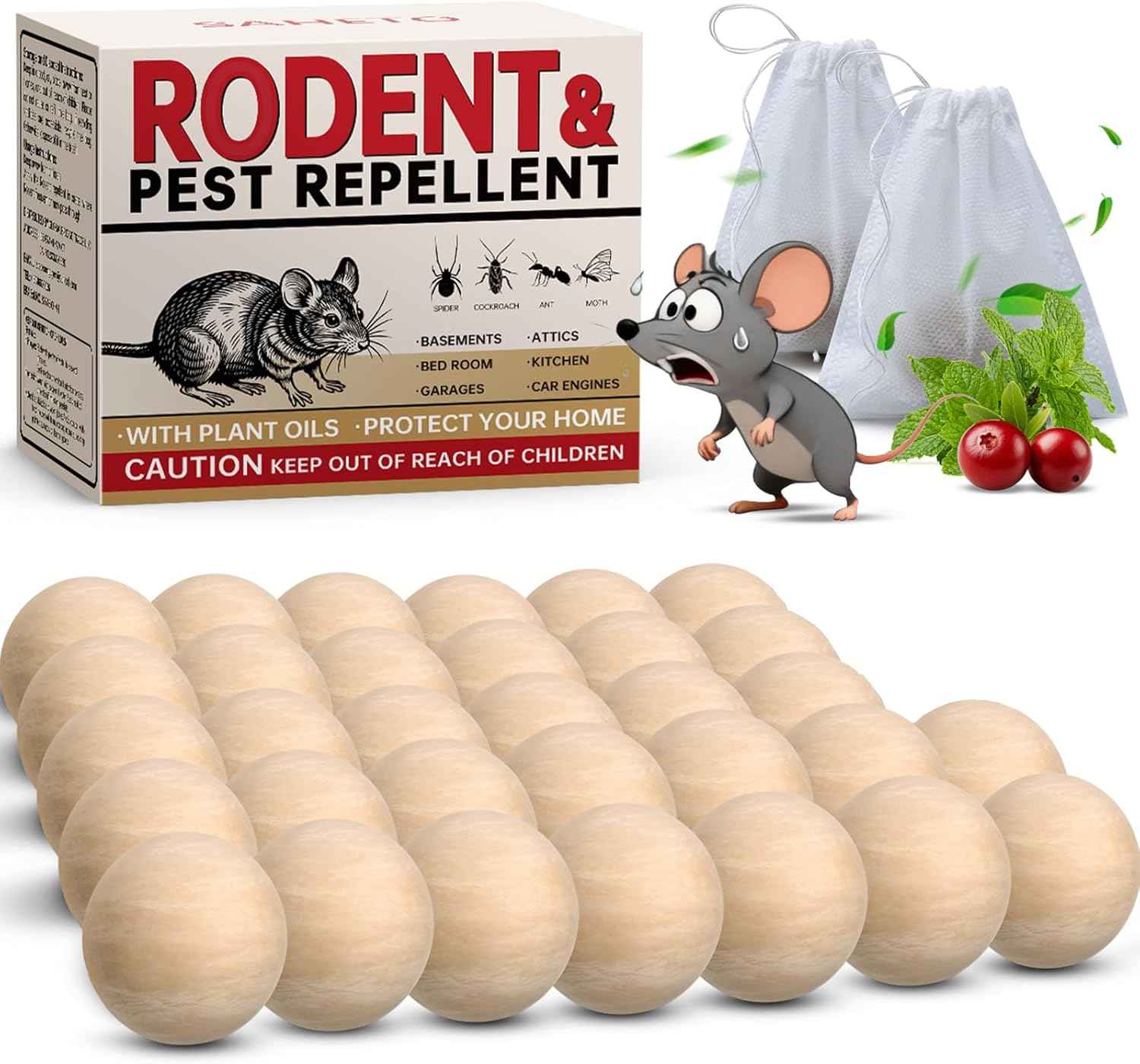 Mouse Repellent 36 Balls, Peppermint Rodent Repellent for Indoor & Outdoor Use, Long-Lasting Safe Mice Deterrent, Natural Effective Moth Balls for Rodent Control for Home, Car & Garden