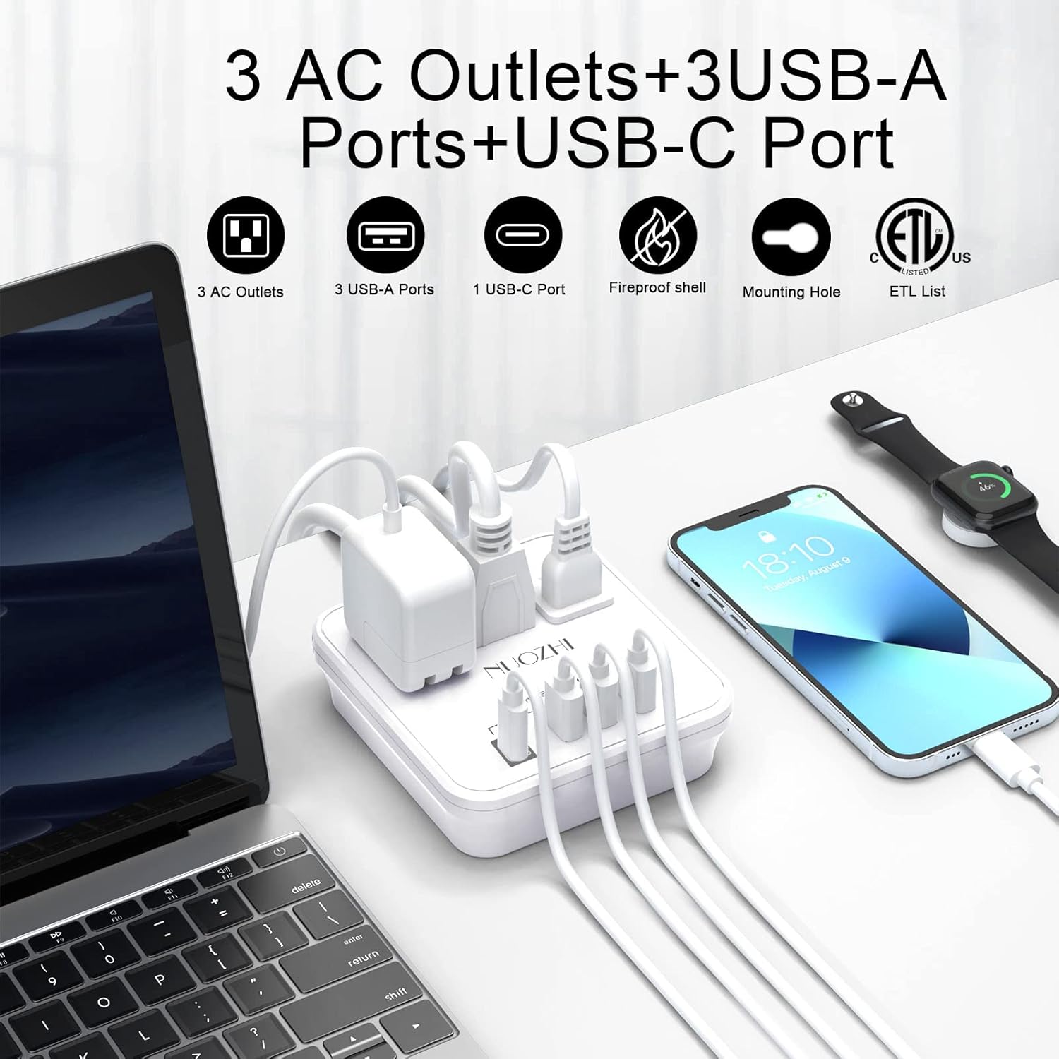 NUOZHI 6ft power strip with 3 outlets and 4 USB ports, non surge protector for cruise ships and travel