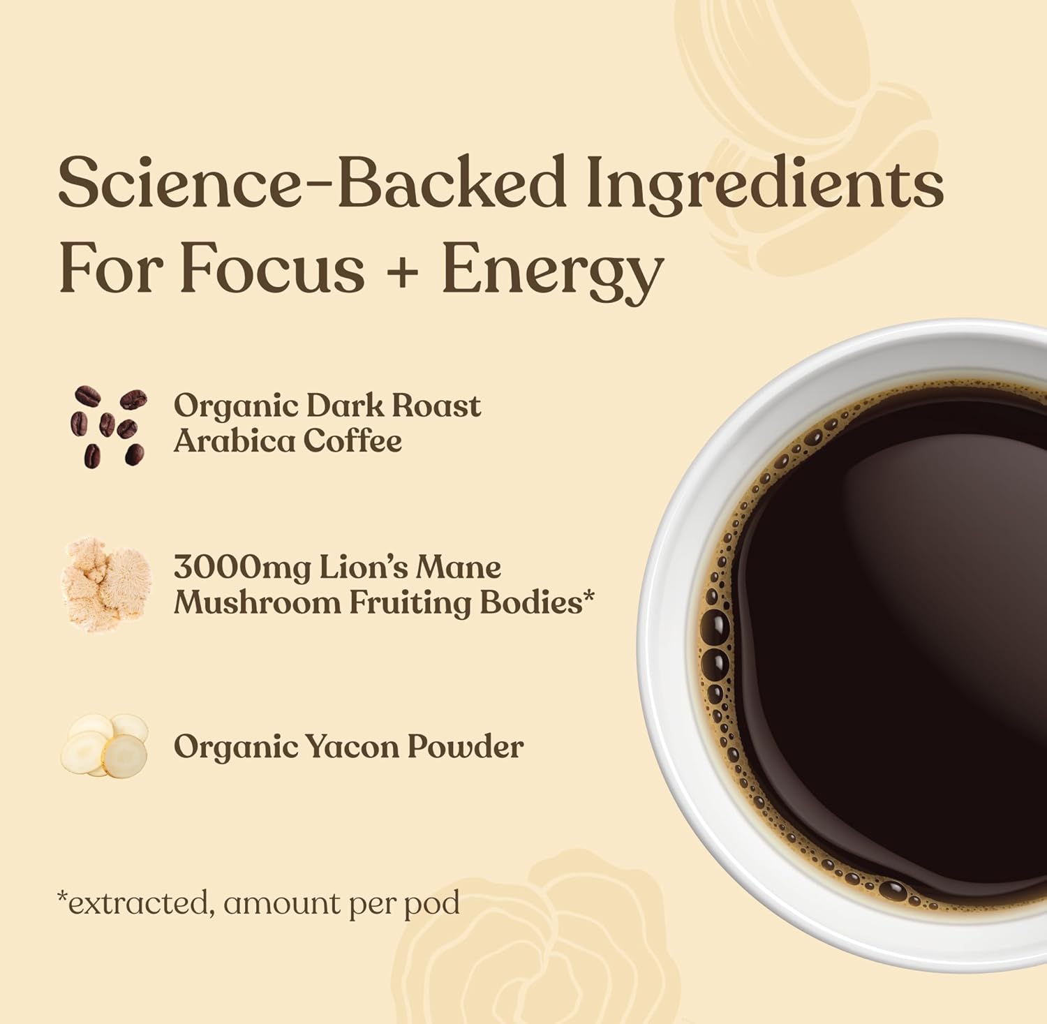 Four Sigmatic Organic Dark Roast K-Cups with Lion's Mane and Yacon, 24 Count, Sustainable Pods, Vegan and Keto Friendly