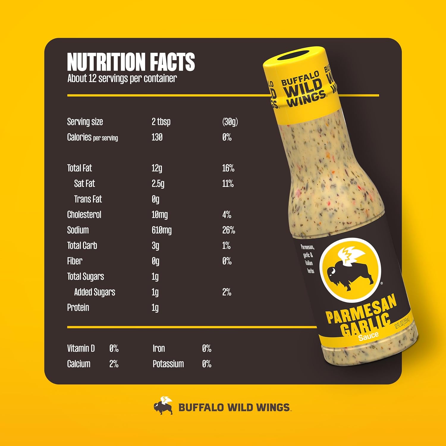 Buffalo Wild Wings Parmesan Garlic Sauce, 12 fl oz, Italian Herbs, Parmesan Cheese, Garlic, Dipping Sauce, Marinade, Topping, Seasoning
