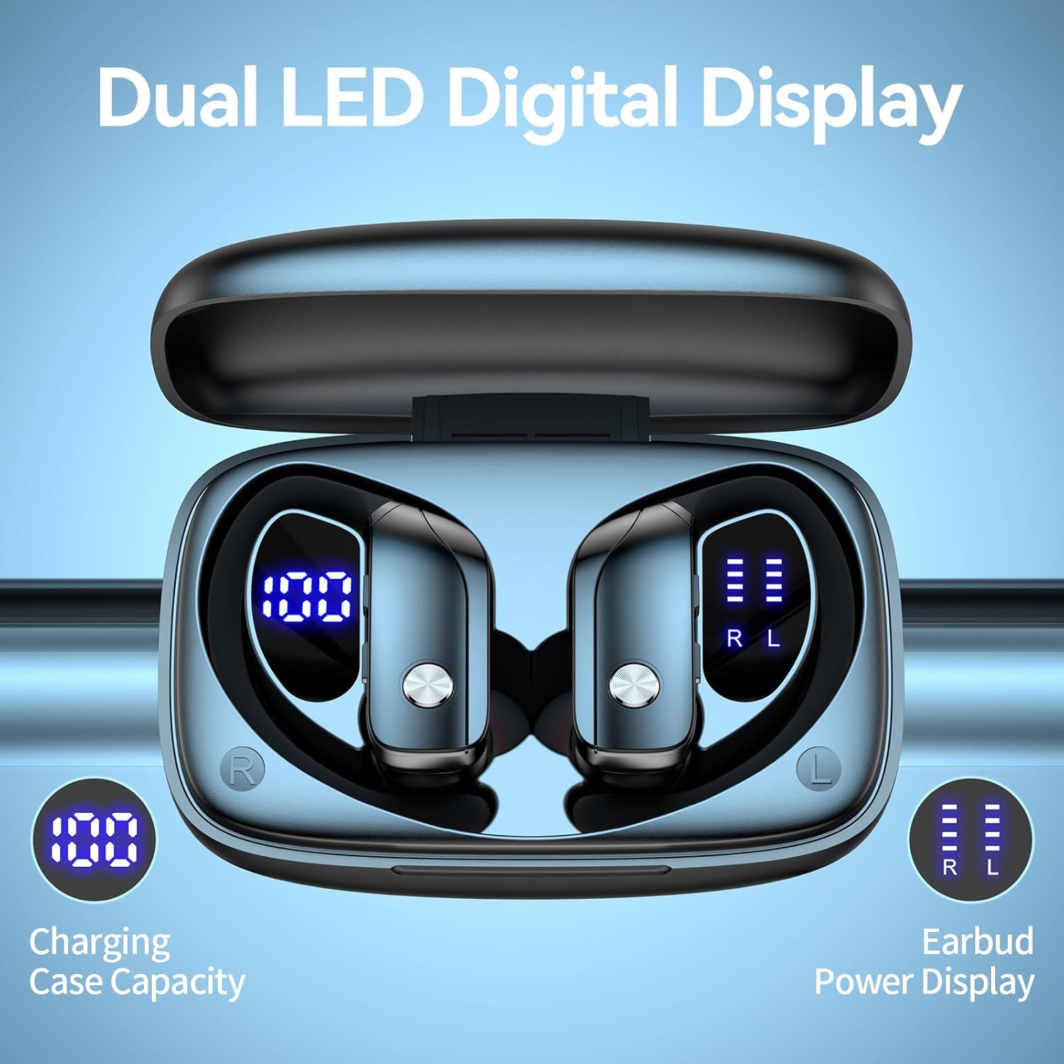 bmani Ear Buds Wireless Earbuds Bluetooth Headphones with 80H Playtime LED Display Case, Over-Ear Hook with Mic, Stereo Sound, Easy Button Controls, Sports Earphones for Running Workout Gym Black