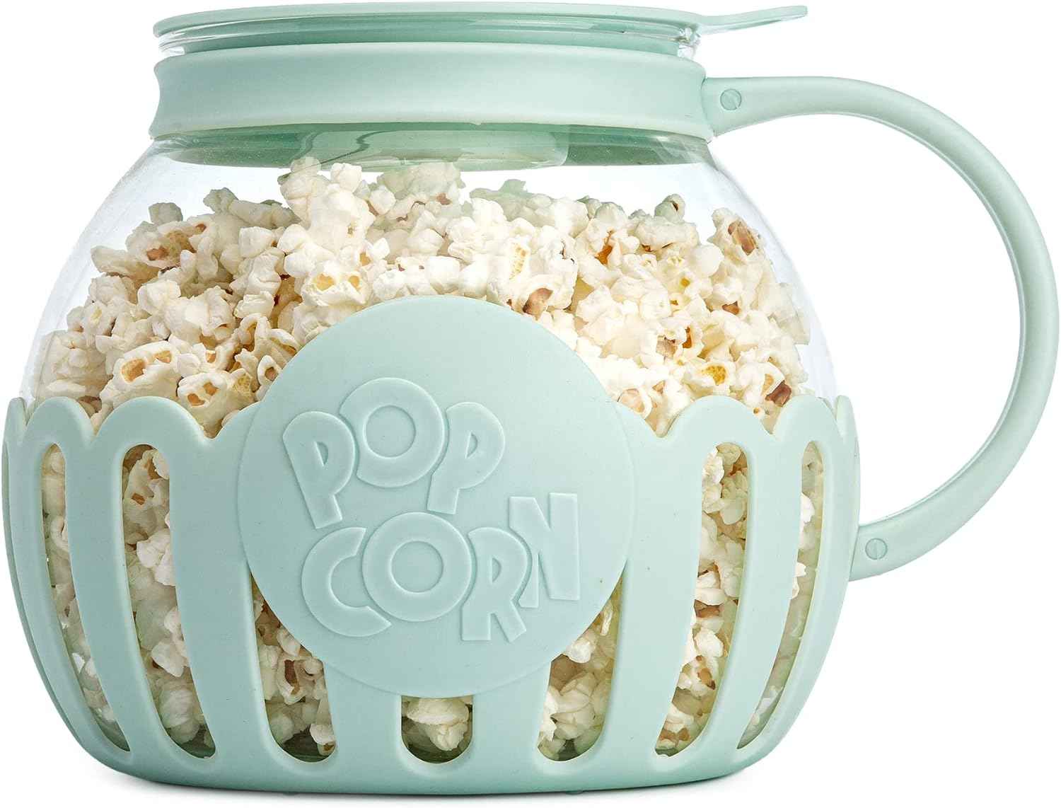 Ecolution Patented Micro-Pop Microwave Popcorn Popper with Temperature Safe Glass, 3-in-1 Lid Measures Kernels and Melts Butter, Made Without BPA, Dishwasher Safe, 1.5-Quart, Aqua