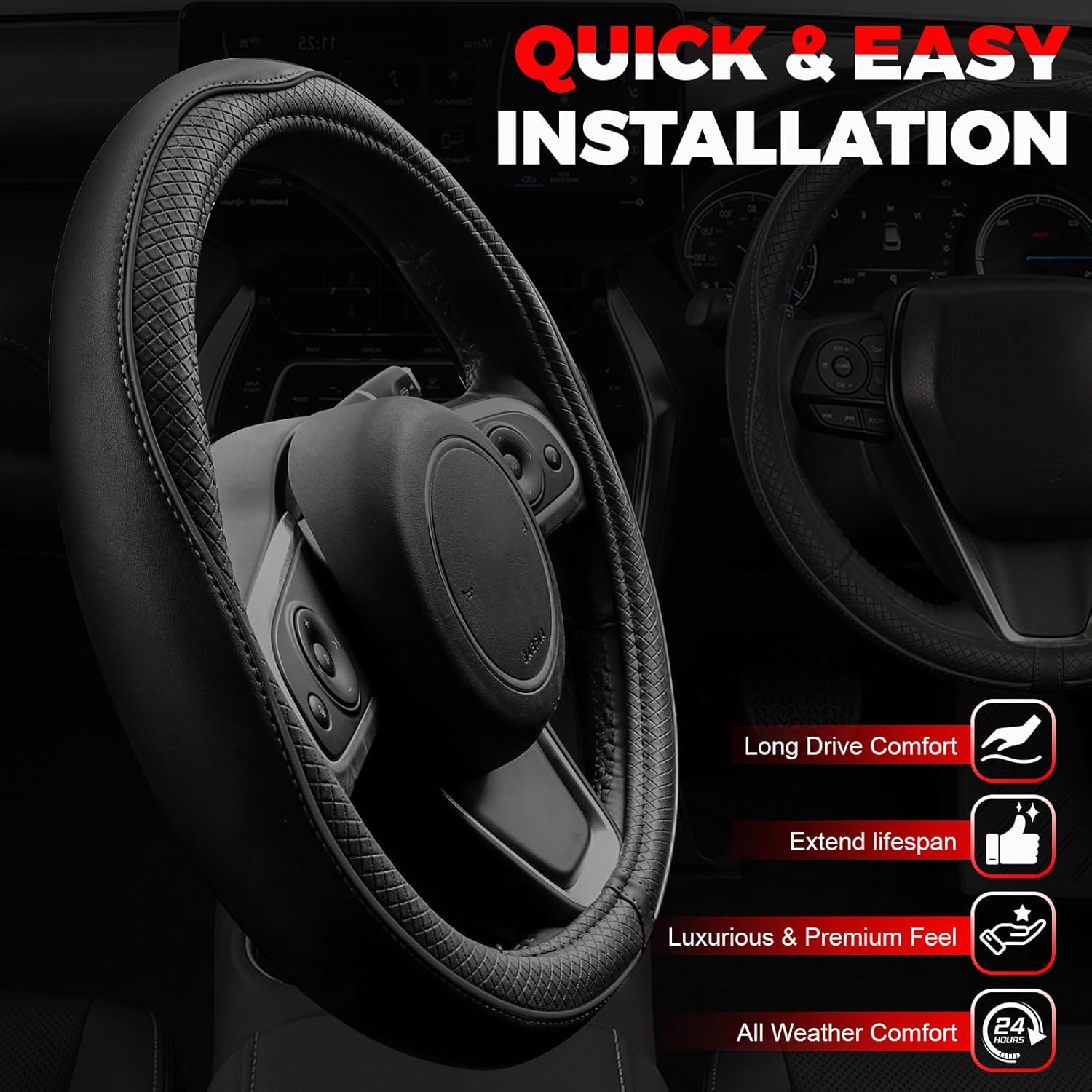 Ouzorp universal 14.5-15 inch black microfiber leather steering wheel cover with anti-slip lining