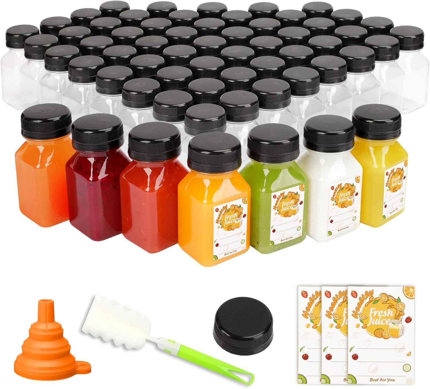 TOMNK 100pcs 16oz Plastic Beverage Containers, Black Caps with Label, Funnel and Brush for Juicing, Smoothies, Tea, Milk