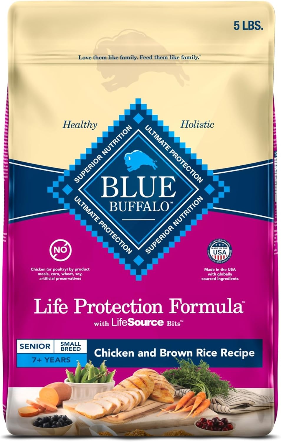 Blue Buffalo Life Protection Formula Small Breed Senior Dry Dog Food, 5-lb Bag, Chicken & Brown Rice Recipe, No Corn, Wheat, or Soy
