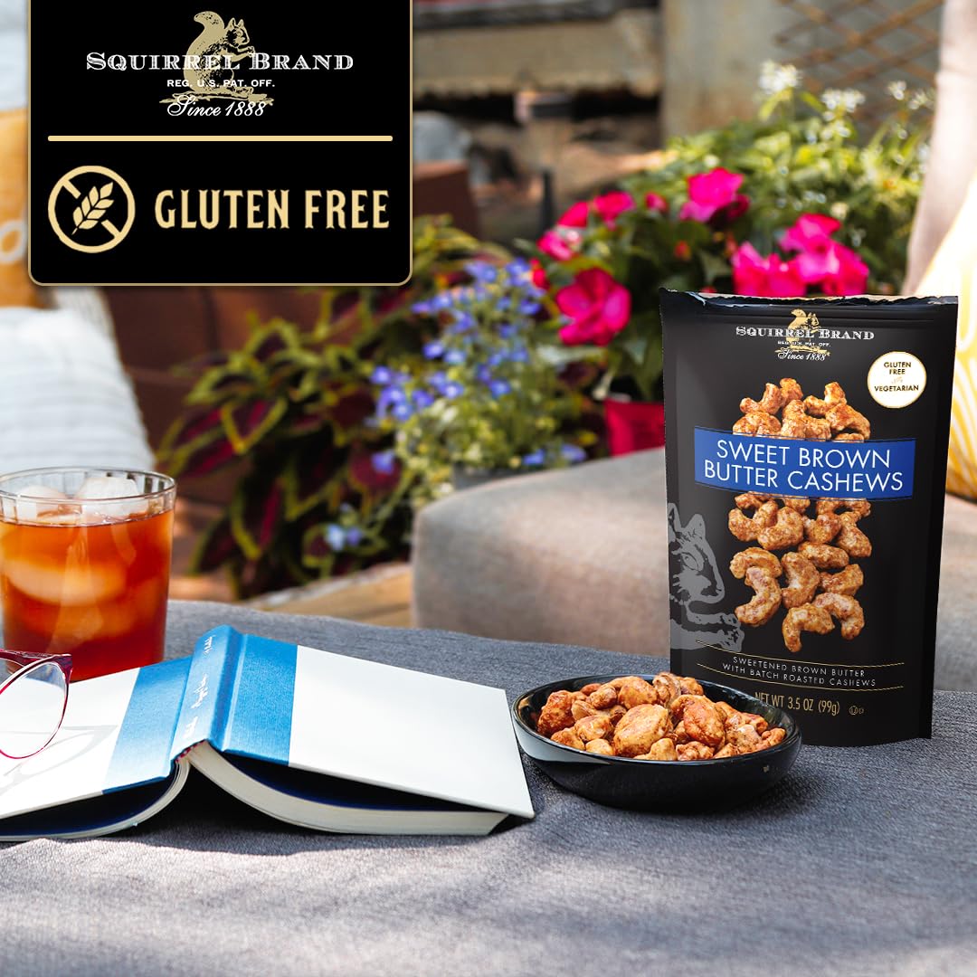 squirrel brand sweet brown butter cashews 3.5 ounces gluten free vegetarian resealable bag