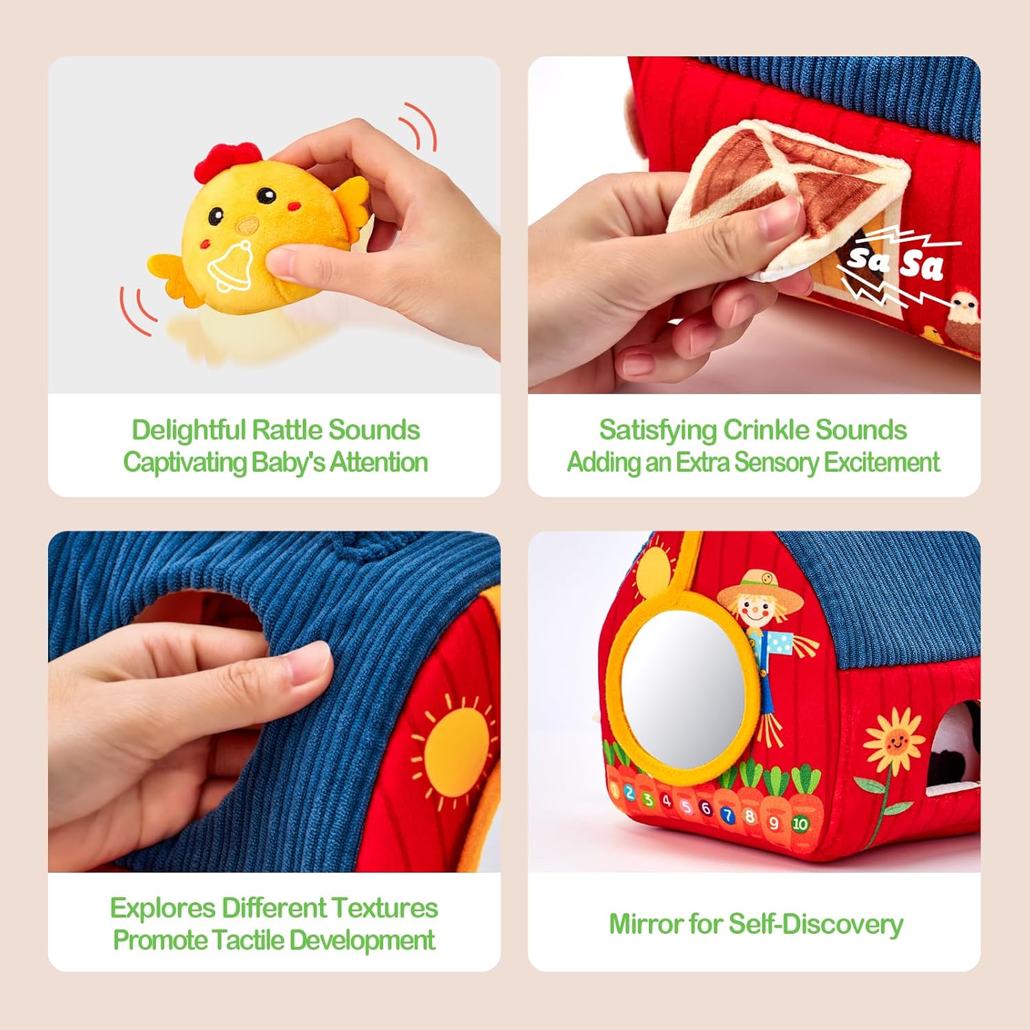 hahaland Baby Toys 6-12 Months - Surprise Barn Stuffed Farm Animals, Rattle, Crinkle, Mirror, Montessori Toys for 6 Month Old Sensory Balls 1-3, Baby Boy Gifts, Farm Plush Toys for Babies Travel Toy