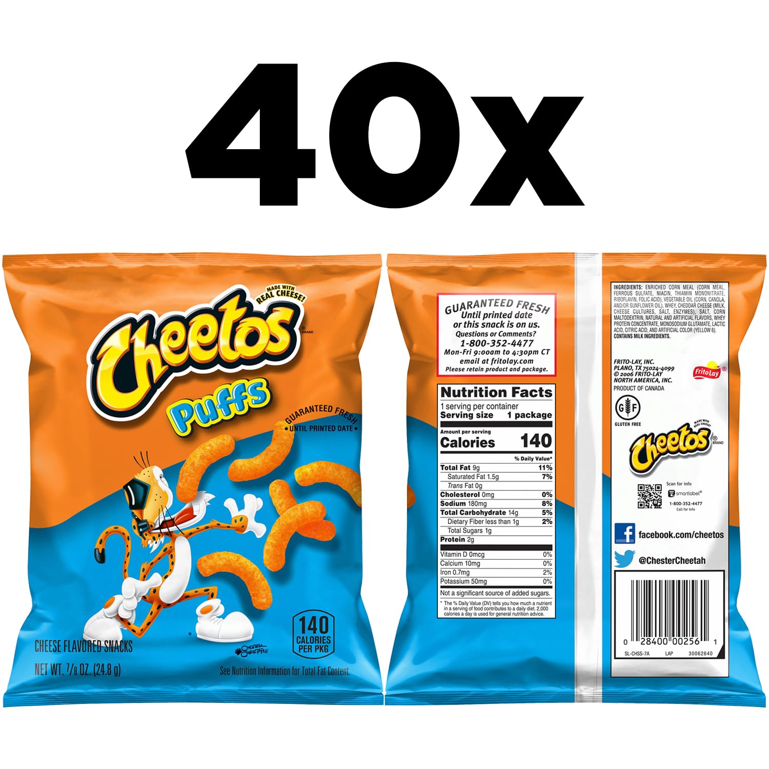 Cheetos cheese flavored puffs snacks, pack of 40, 0.875 ounce individual bags, real cheese