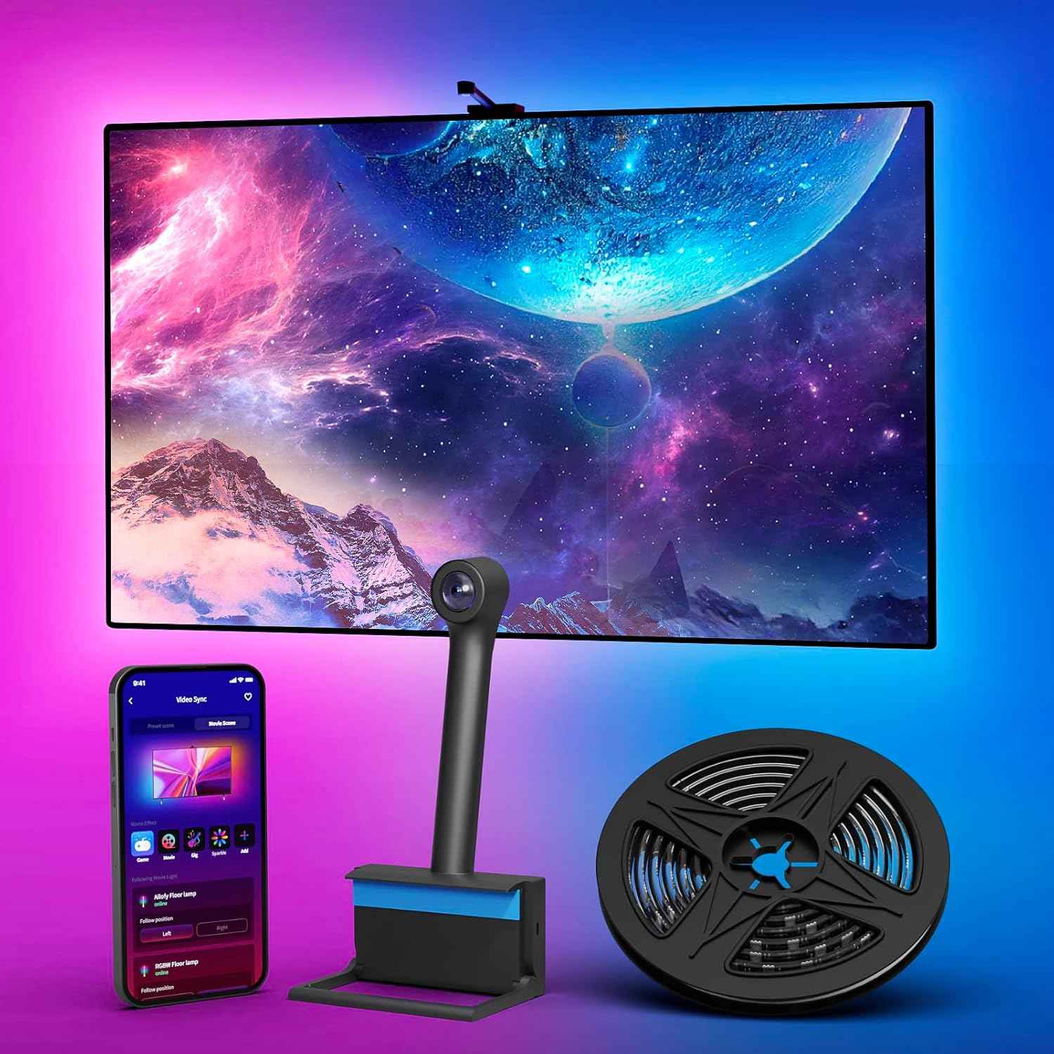 Ailofy Smart TV LED Backlight with Camera for 40-50 inch Screens, 7.87ft LED Strip Lights Sync to Screen& Music, Color Changing Lights for TV Compatible with Alexa & Google Assistant, App Control