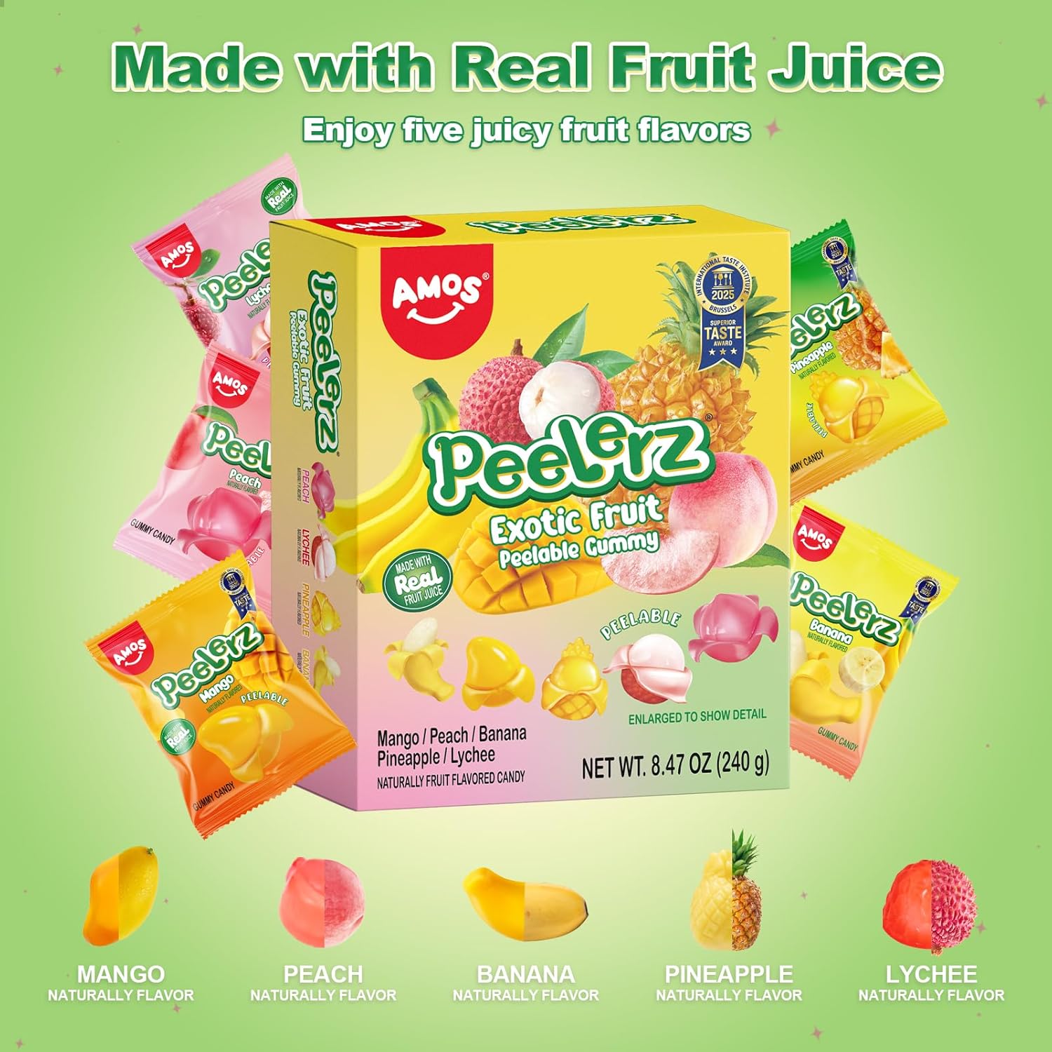 Amos Peelerz exotic fruit peelable gummy candy, 5 flavors, individually wrapped, 8.47oz, 240g