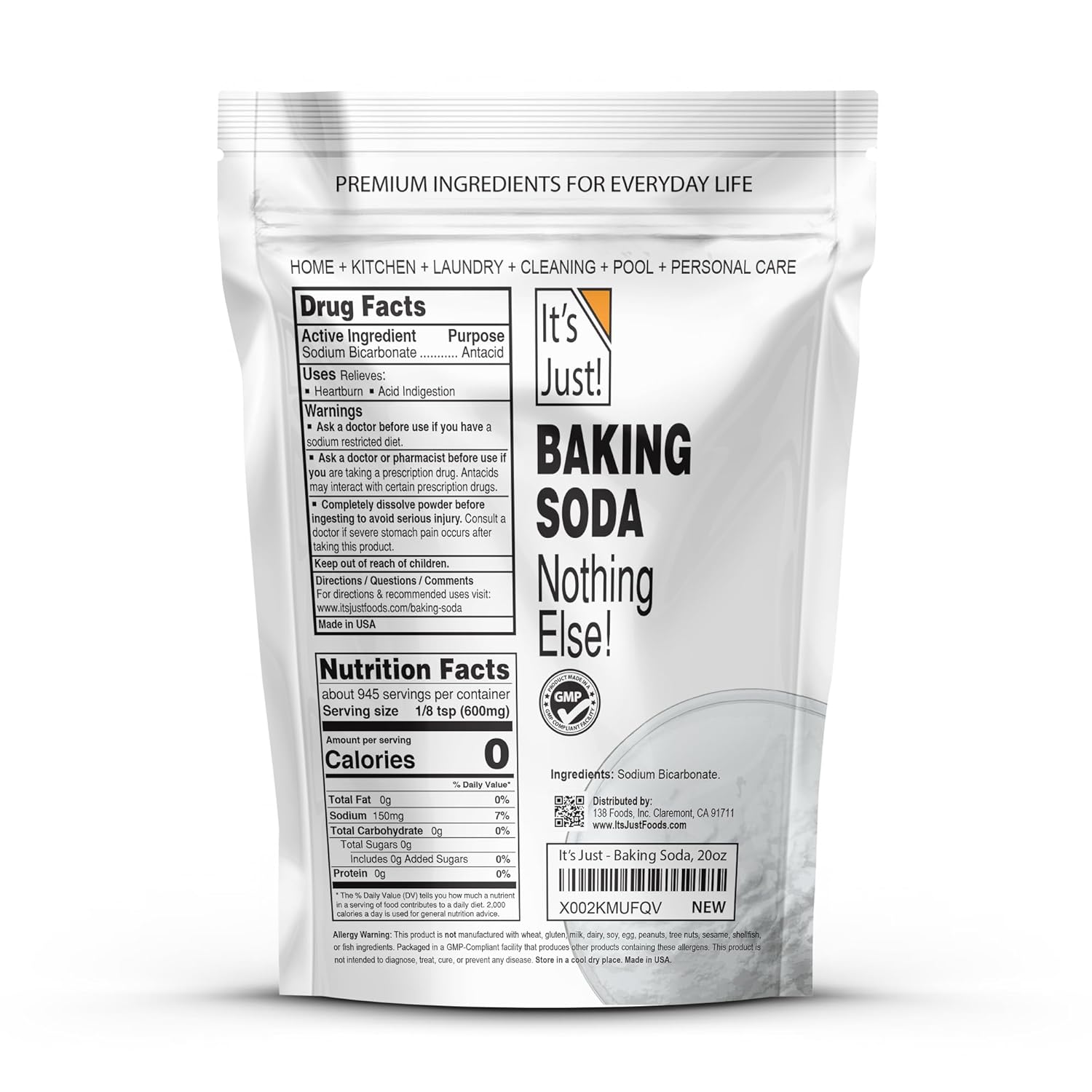 It's Just Pure Sodium Bicarbonate Baking Soda, 100% Food Grade, Non-GMO, Made in USA, 1.25 Pound