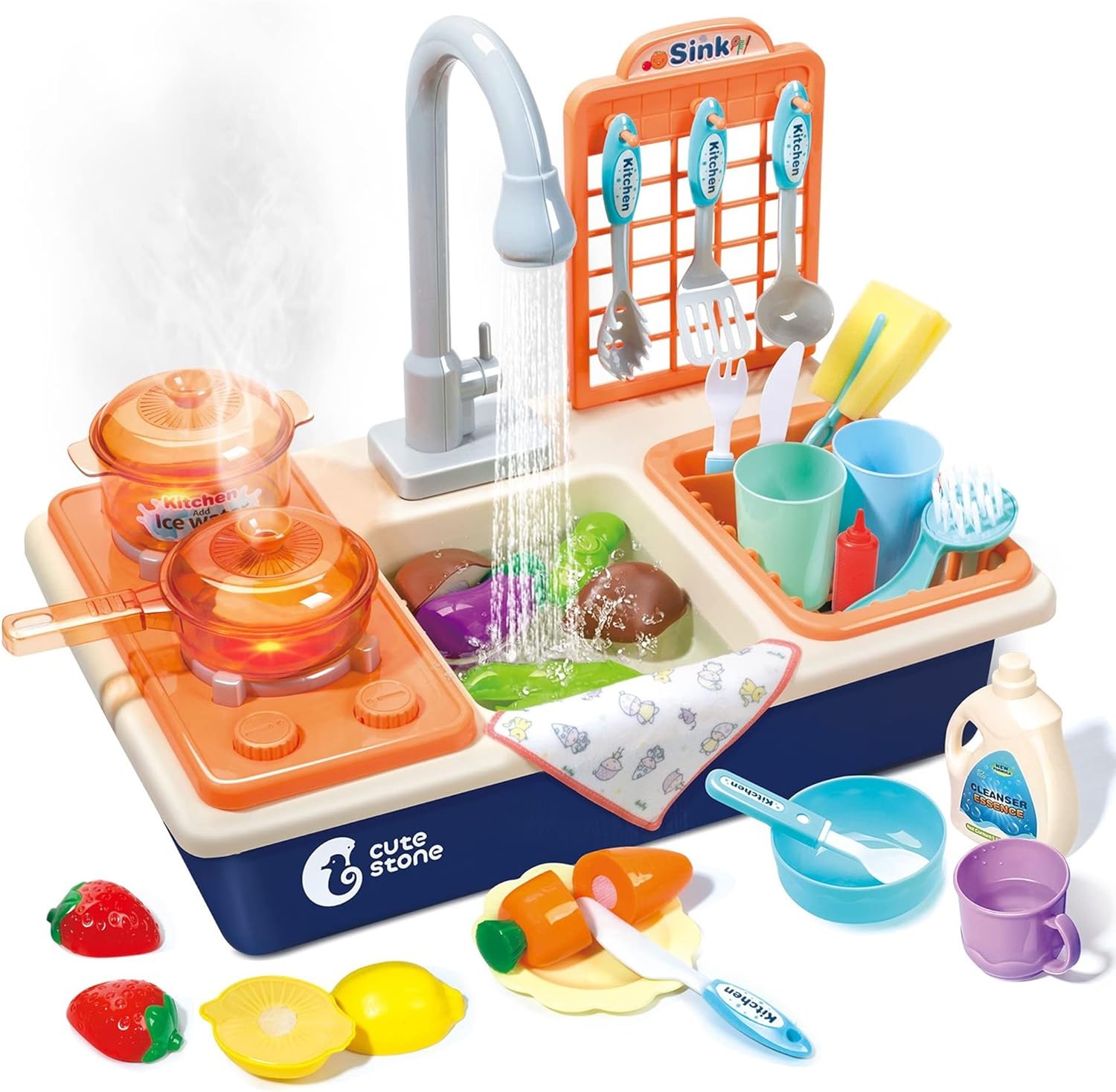 Cute Stone Color Changing Kitchen Sink Toy for Kids, Electric Dishwasher Play Set with Running Water and Faucet