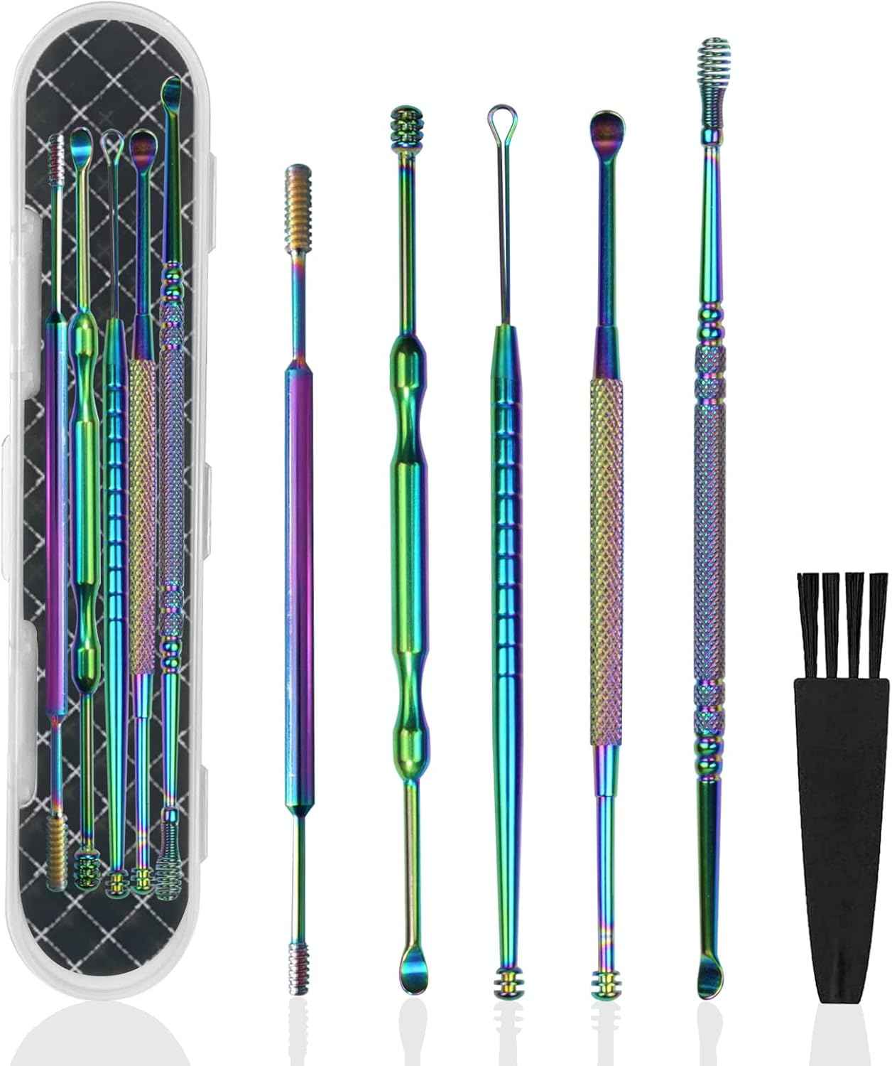 Hion 6 Pcs Extended Ear Wax Removal Kit,Professional Double-Headed Ear Pick Earwax Removal Tools,316L Stainless Steel Ear Cleaner Curette with Cleaning Brush and Storage Box,Suit for Kid Adult(Gold)