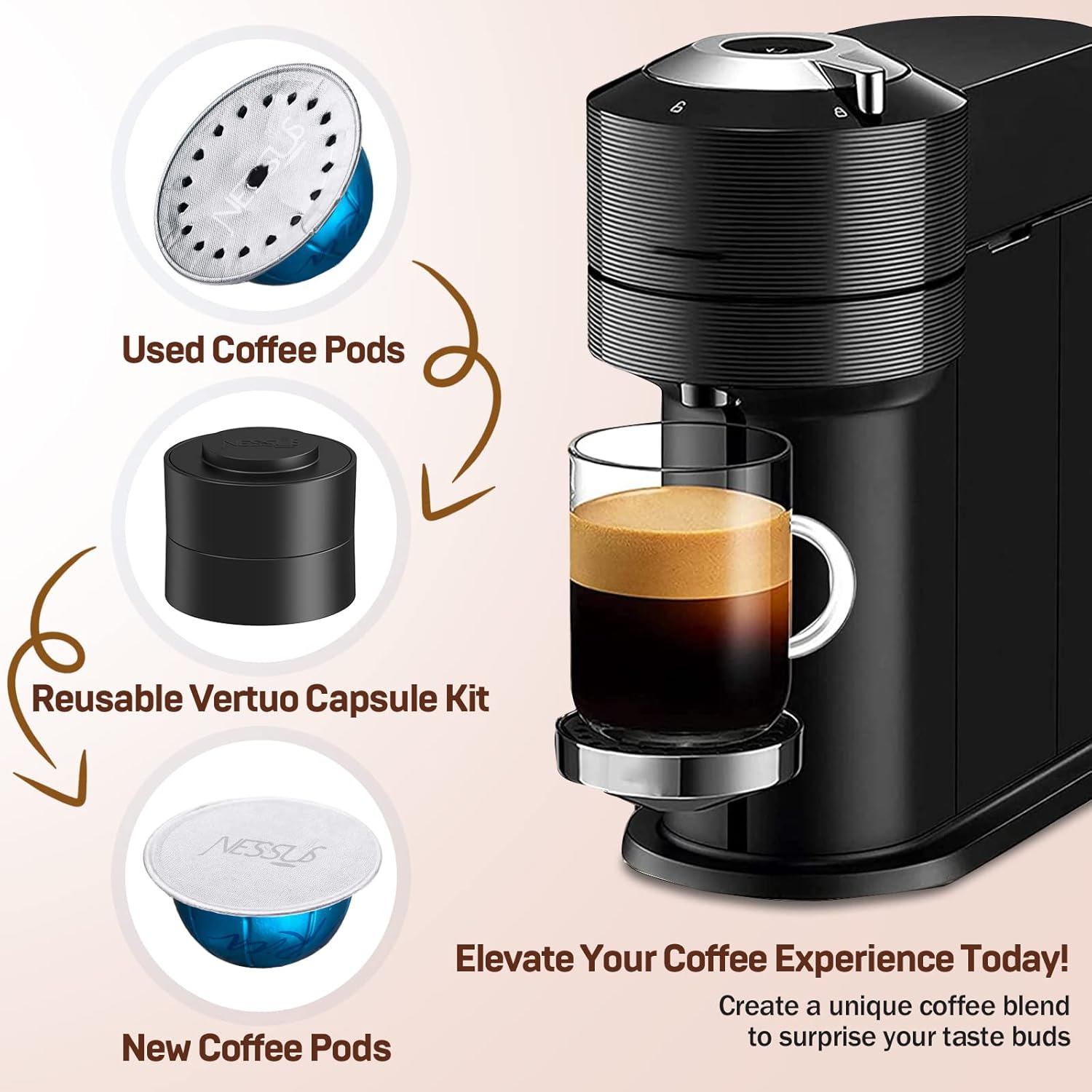 Nessus Reusable Kit for Nespresso Vertuo, Reusable Aluminum Foil Seal Lid, Holder, Brush, 100 Pcs Food-Grade Capsules for Vertuo Plus Next