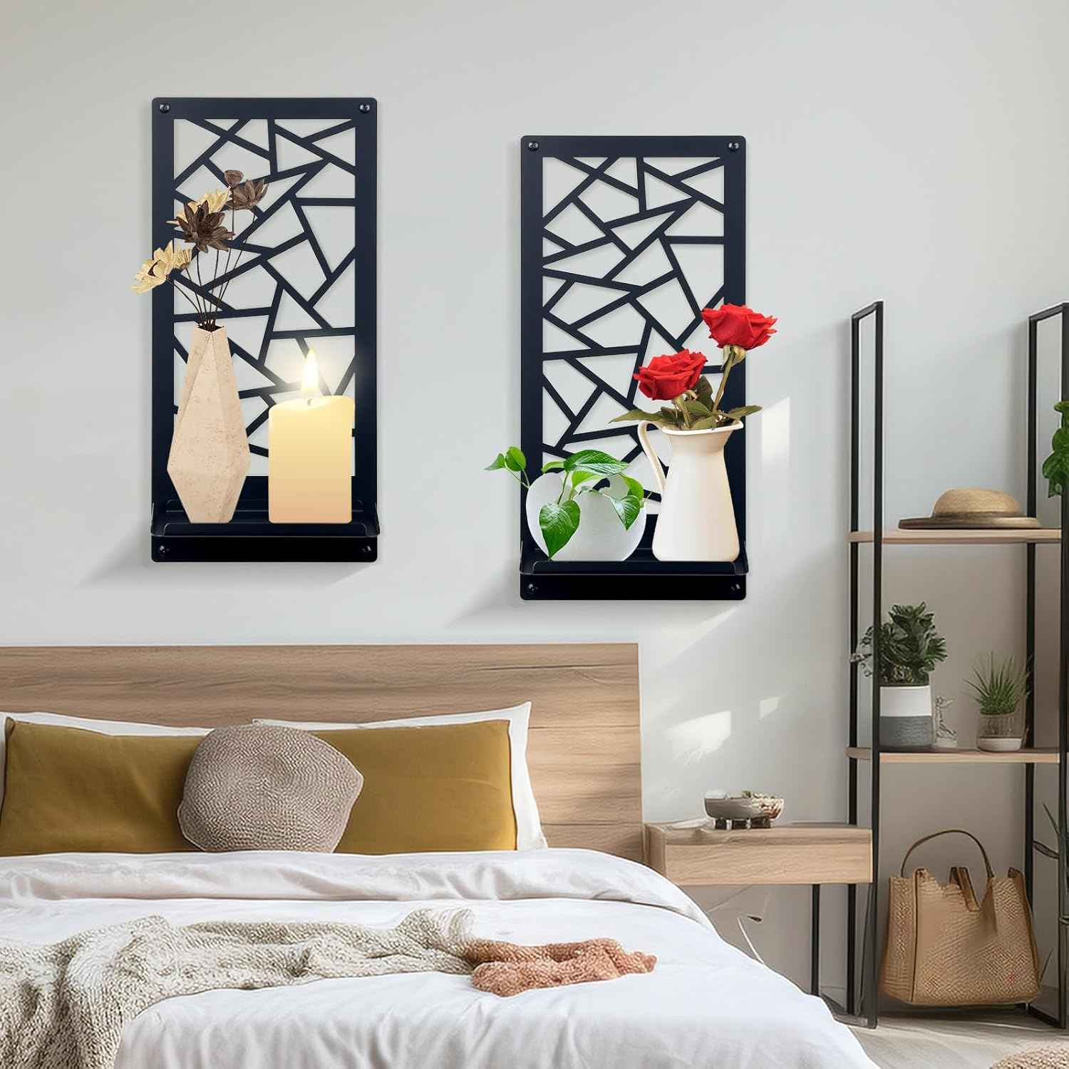 2Pcs Black Metal Wall Art Decor Farmhouse Black Candle Holder Minimalist Wall Art Retro Bathroom Decor Rustic Wall Decoration for Bathroom Living Room Bedroom (Farmhouse)