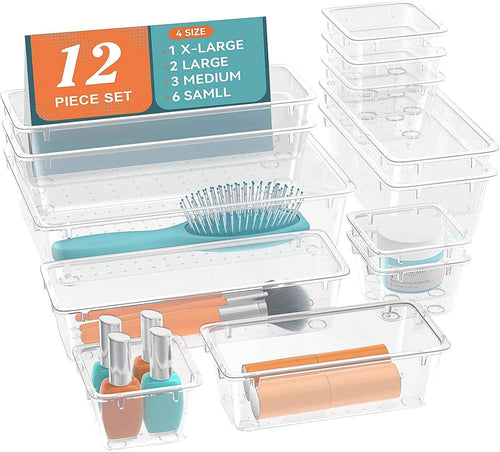 12 PCS Drawer Organizer Set, 4 Sizes Tool Storage Trays, Clear Plastic Makeup Vanity Organizer and Storage Bins for Makeup, Stationeries, Multiple Gadgets for Bathroom, Office, Bedroom
