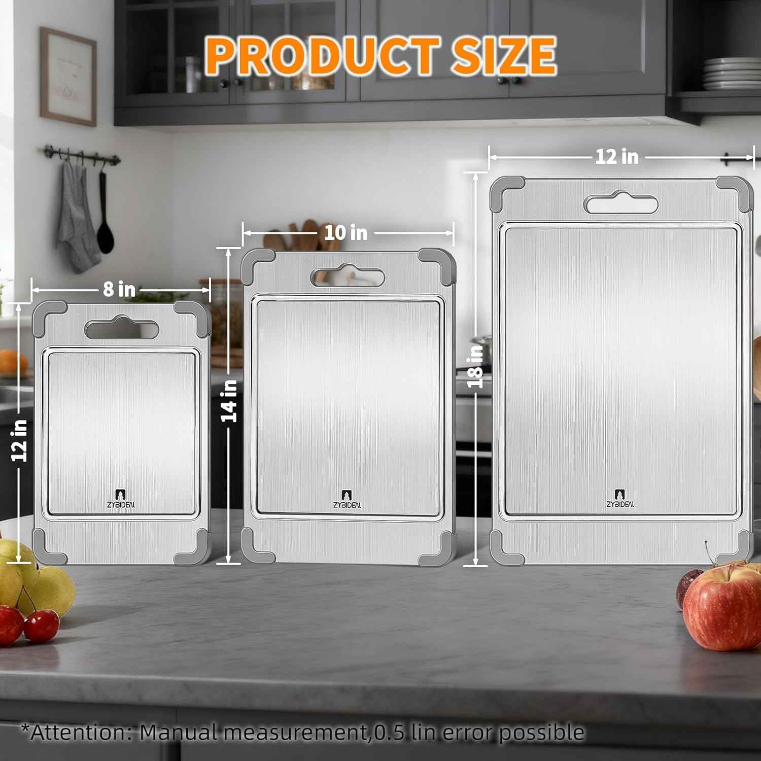 3Pcs 100% Pure Titanium Cutting Board with Grooves, Update Double Side Titanium Chopping Board, Silicone Anti-slip Stainless Cutting Boards Set for Kitchen