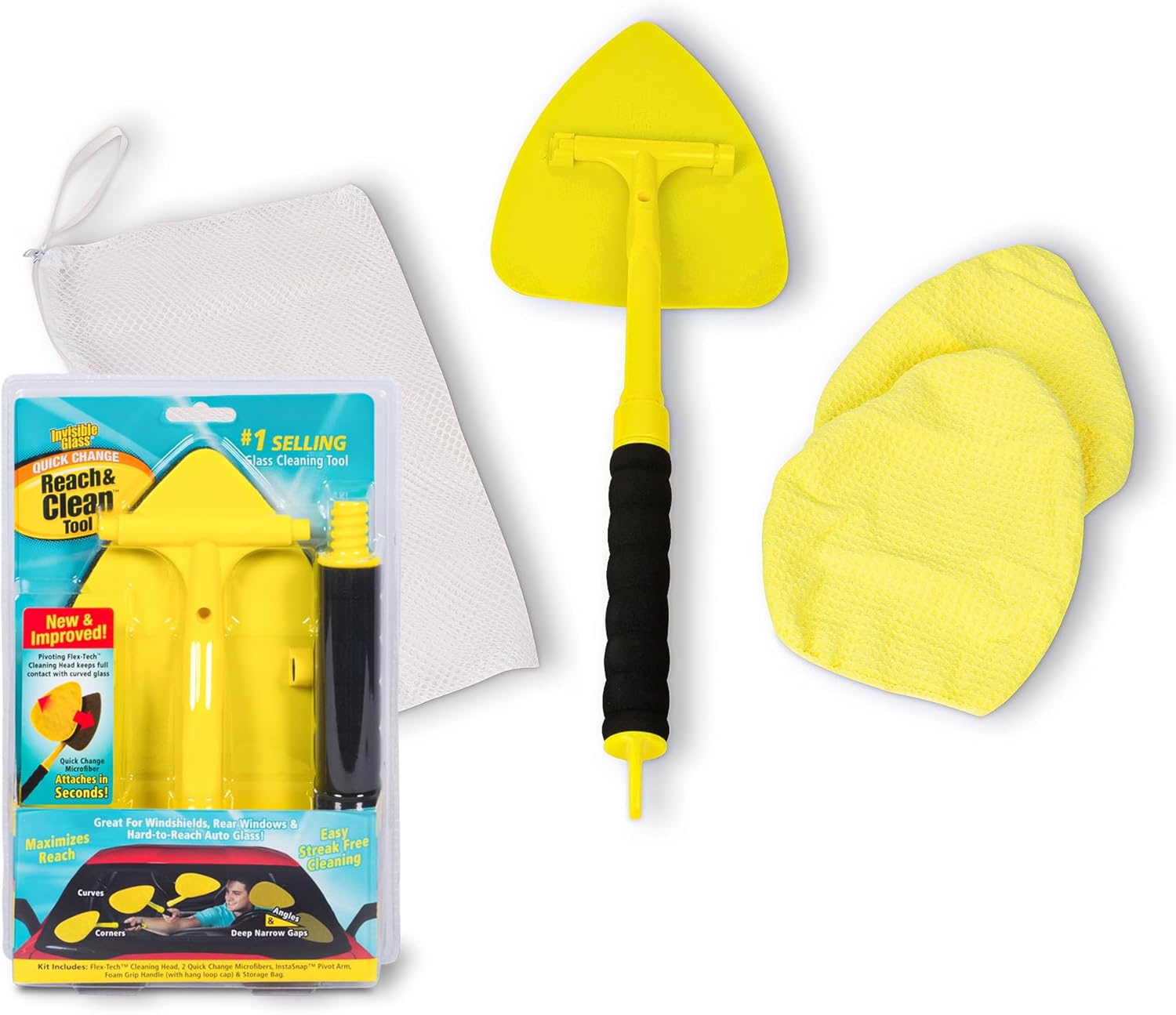 Invisible Glass reach & clean glass windshield cleaner tool kit with extendable handle and reversible microfiber cloths for autos and windows