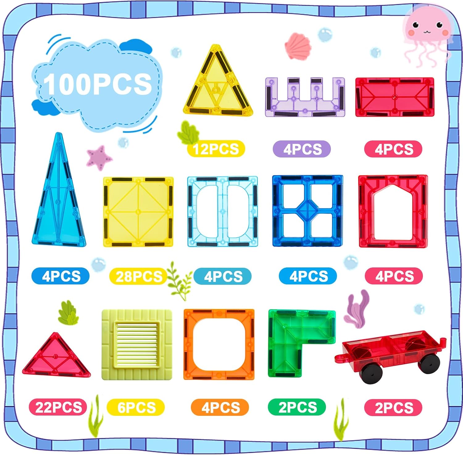 Anbalulu Magnetic Tiles 100PCS with 2 Cars, STEM Educational Building Blocks for Kids Ages 3-9, Magnet Construction Toys Gift for Toddlers